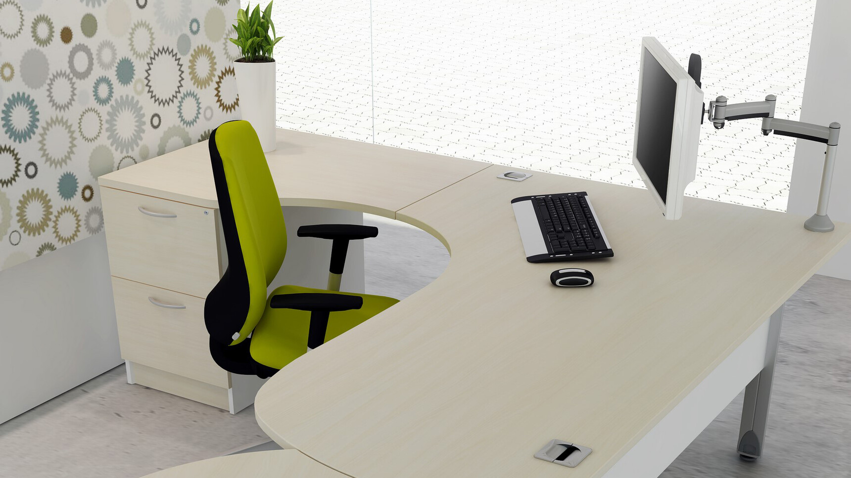 Elite Office Furniture Optima Plus Radius Crescent Workstation Detail Image With Chair In Green Upholstery
