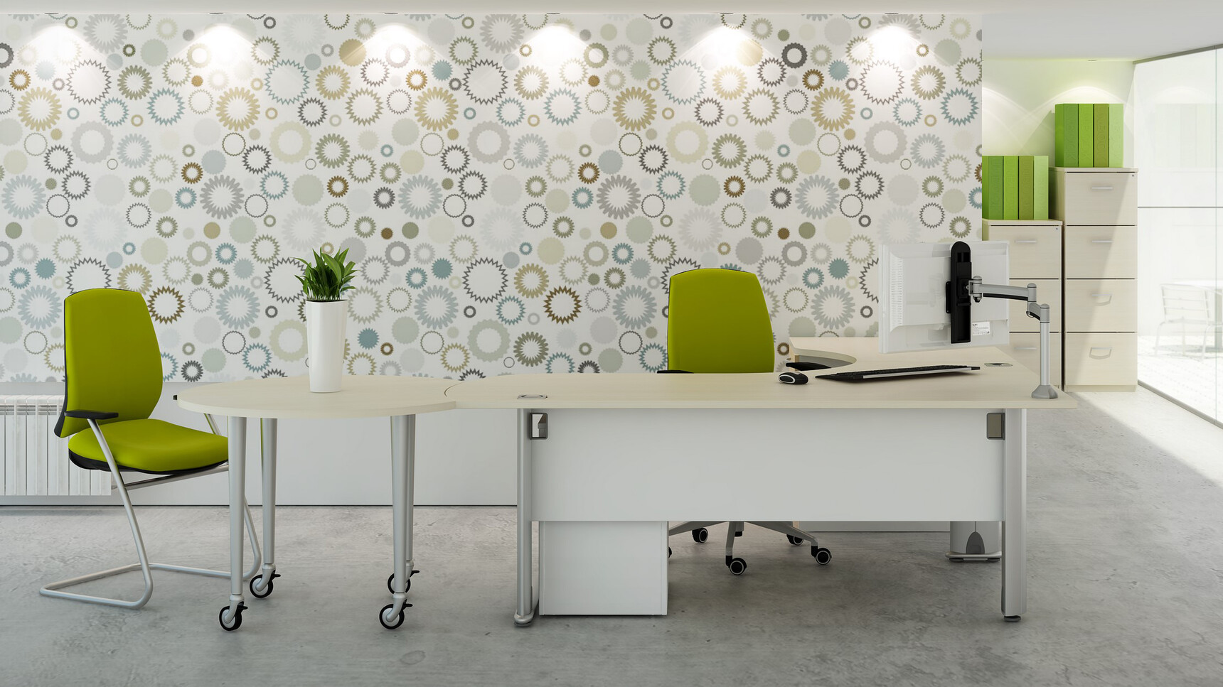 Elite Office Furniture Optima Plus Radius Crescent Workstation With Two Chairs In Office Environment