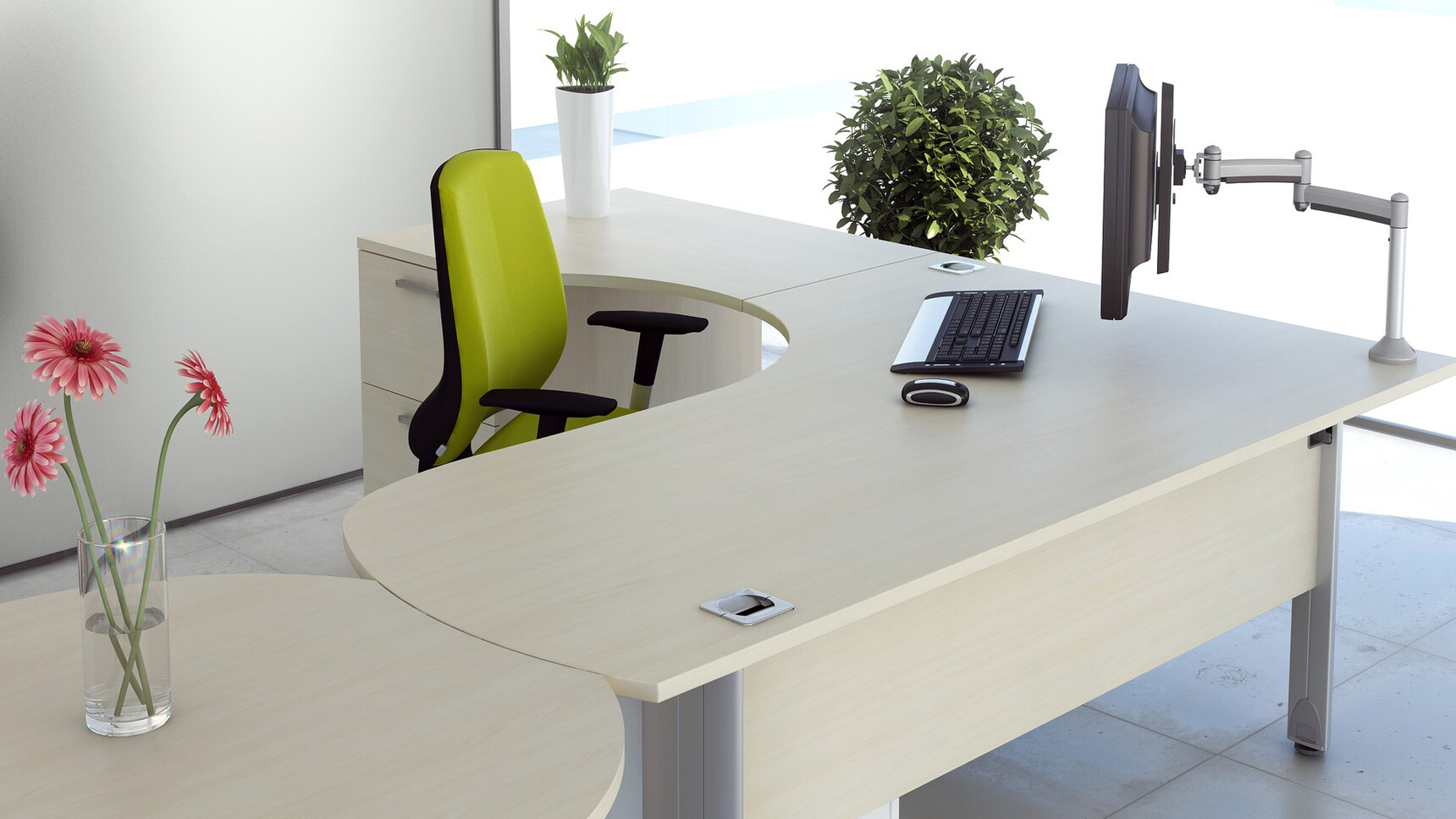 Elite Office Furniture Optima Plus Radius Crescent Workstation Detail Image With Chair