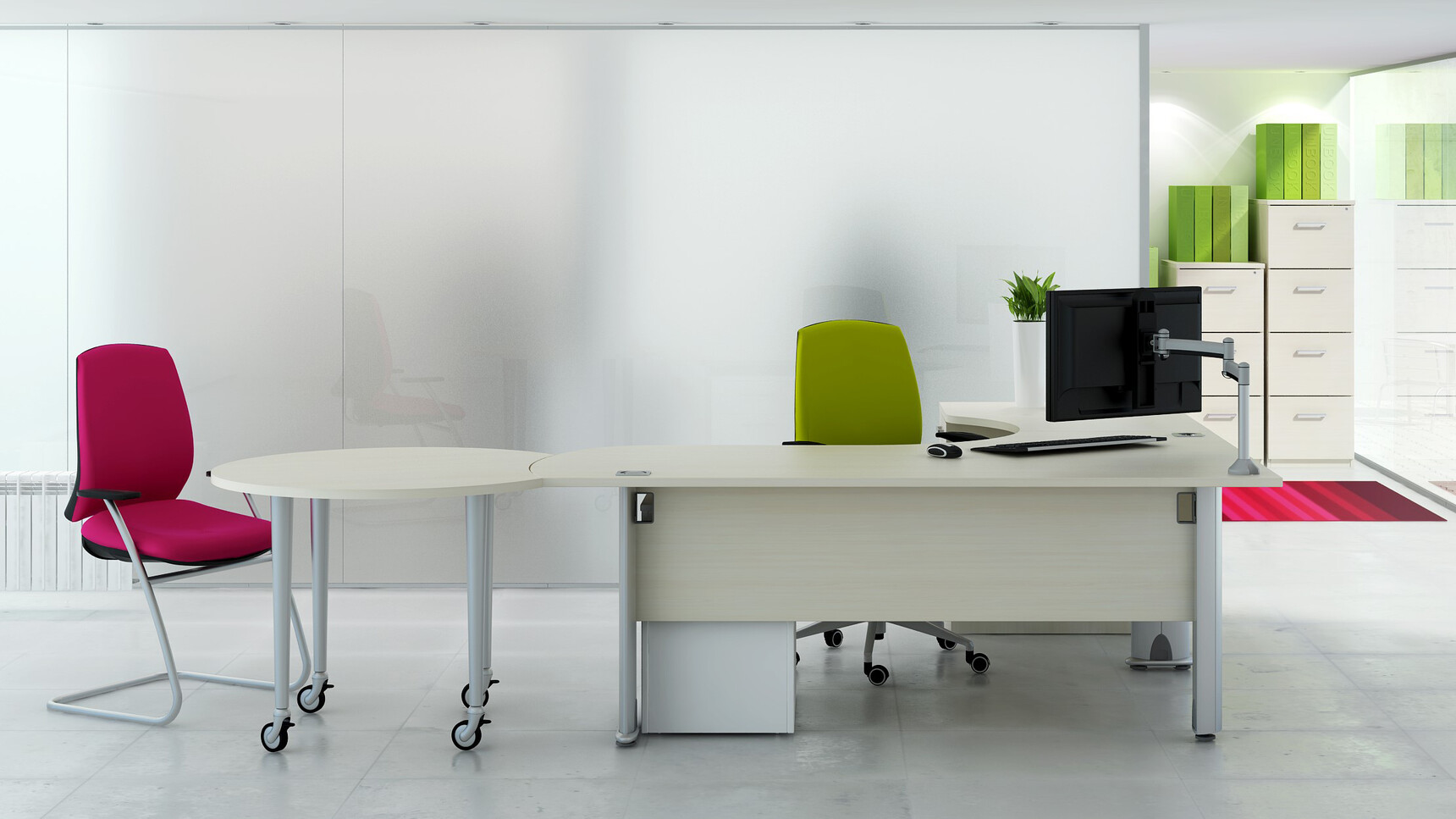 Elite Office Furniture Optima Plus Radius Crescent Workstation With Two Chairs In Red And Green Upholstery In Office Environment