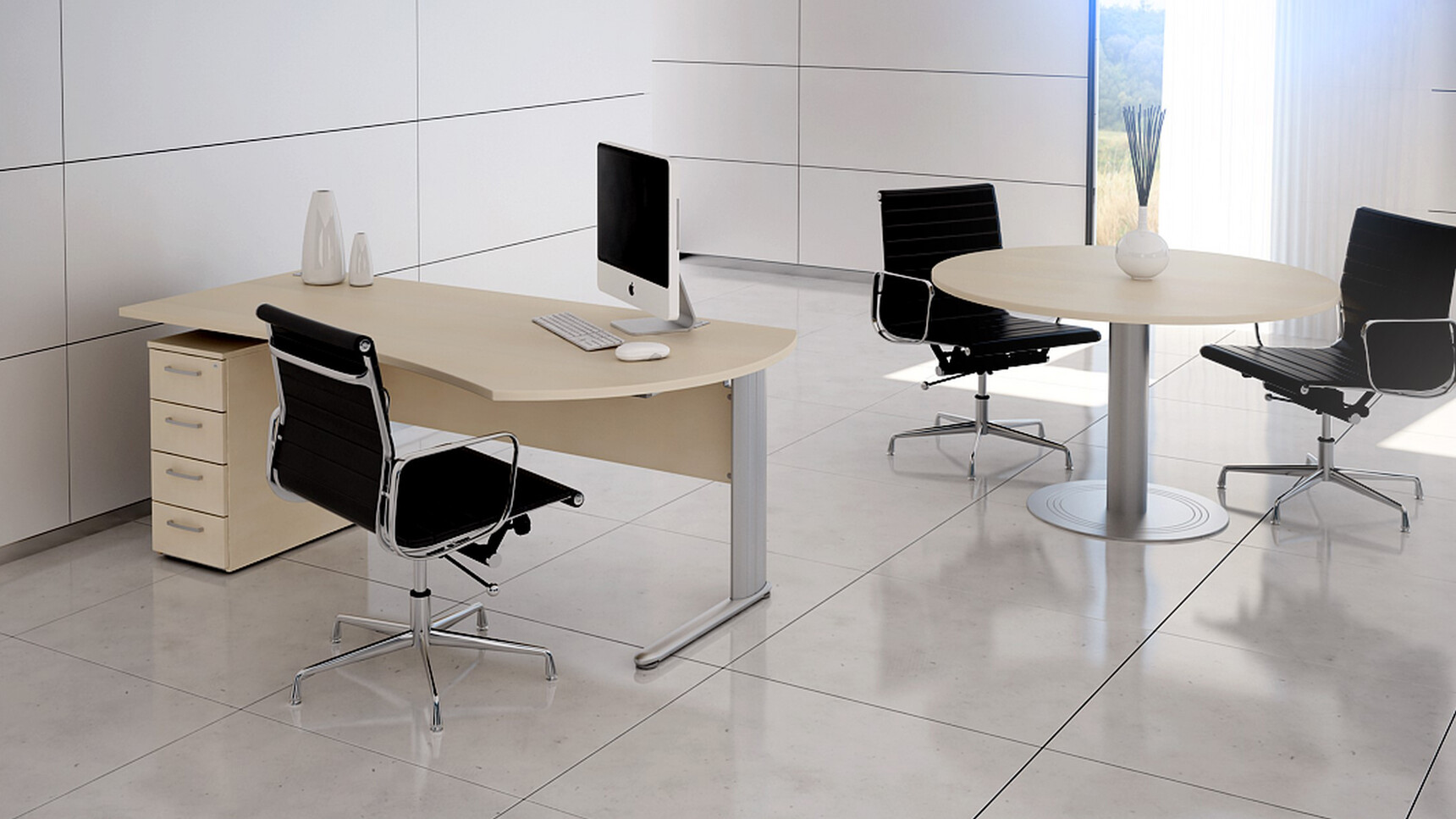 Elite Office Furniture Optima Plus Radius Executive Desk With Pedestal In Room With Meeting Table