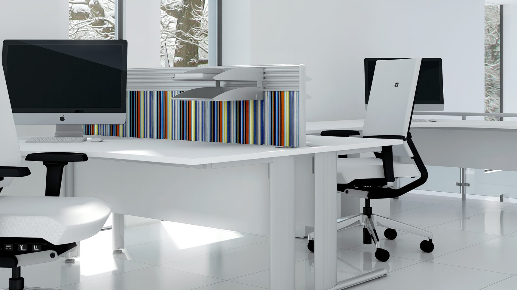Elite Office Furniture Optima Plus 120 Degree Workstation Detail Image With Chairs