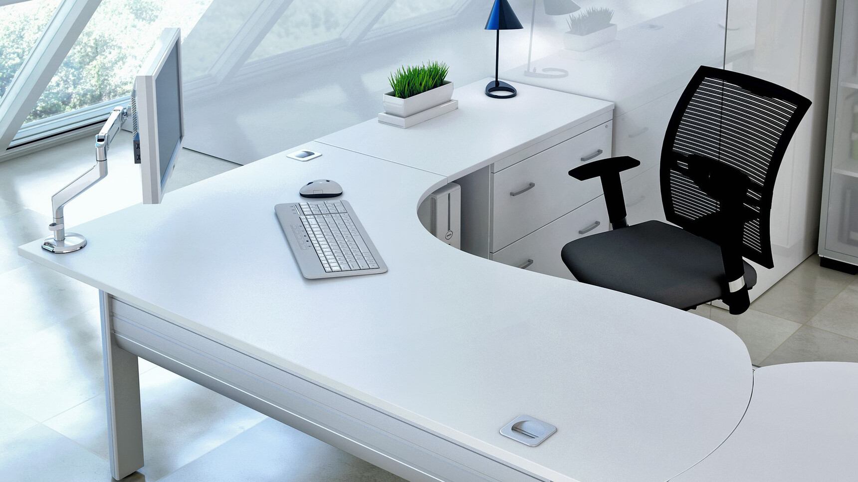 Elite Office Furniture Kassini Radius Crescent Workstation White Desk With Chair Detail Image