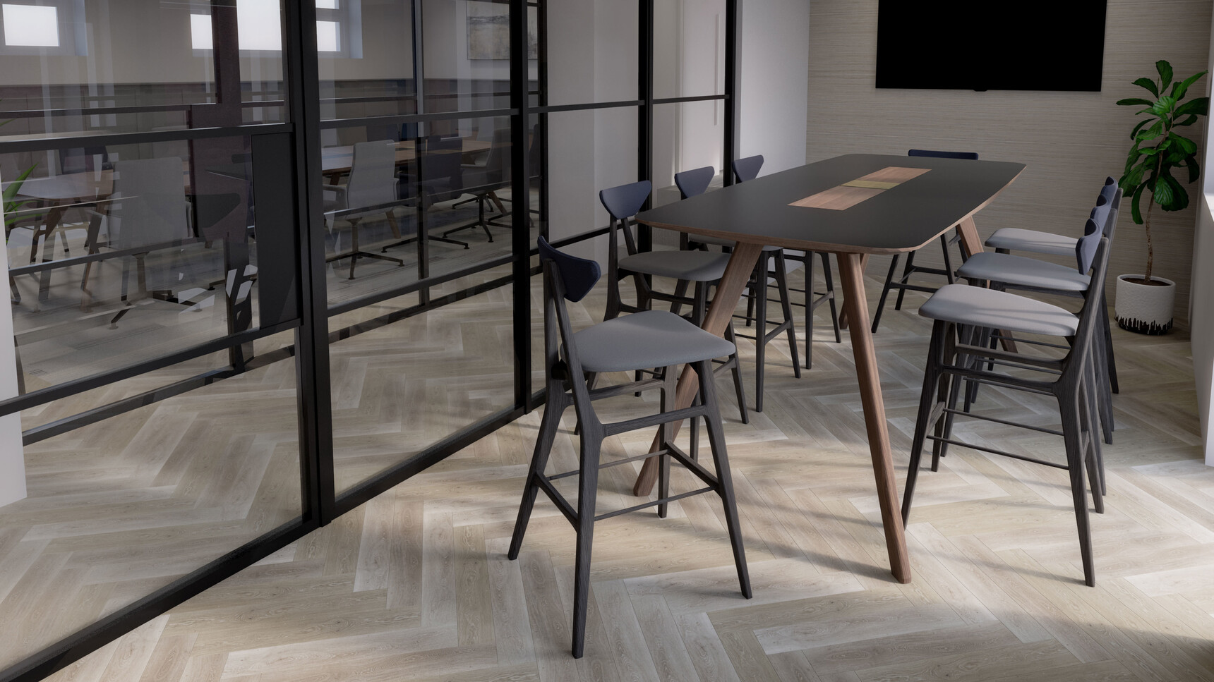 William Hands Vantage Poseur Height Meeting Table Black Top Wood Legs In Office Setting