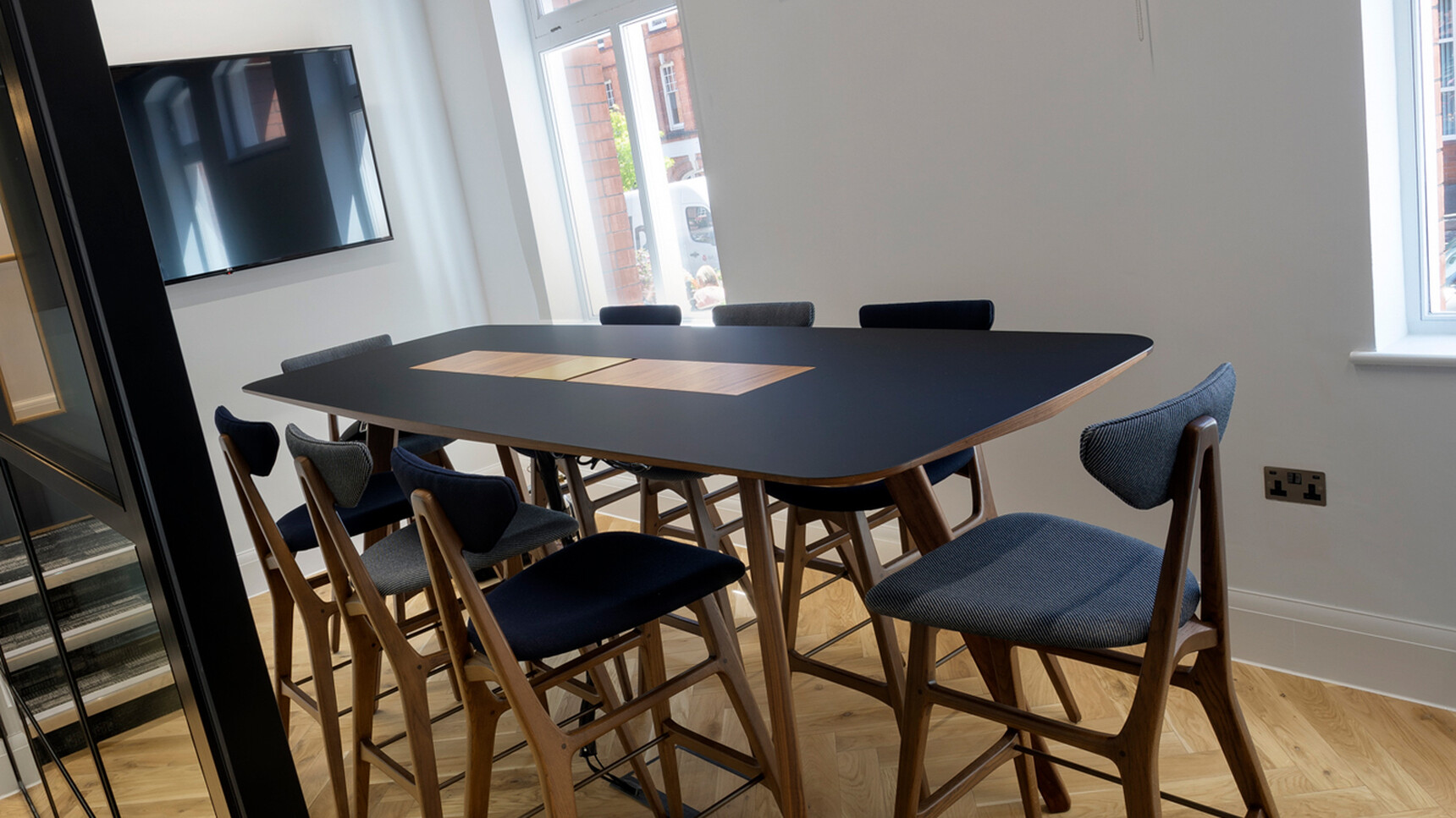 William Hands Vantage Poseur Height Meeting Table Black Top Wood Legs With Stools Family Image