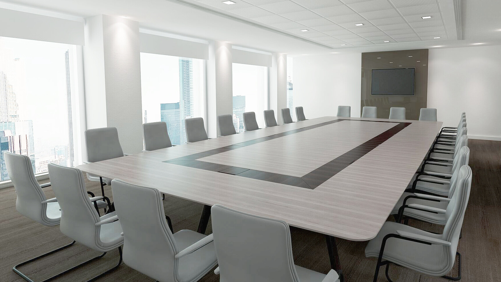 William Hands Vantage Conference Table Dark Wood Finish With Light Blue Chairs In Office Setting