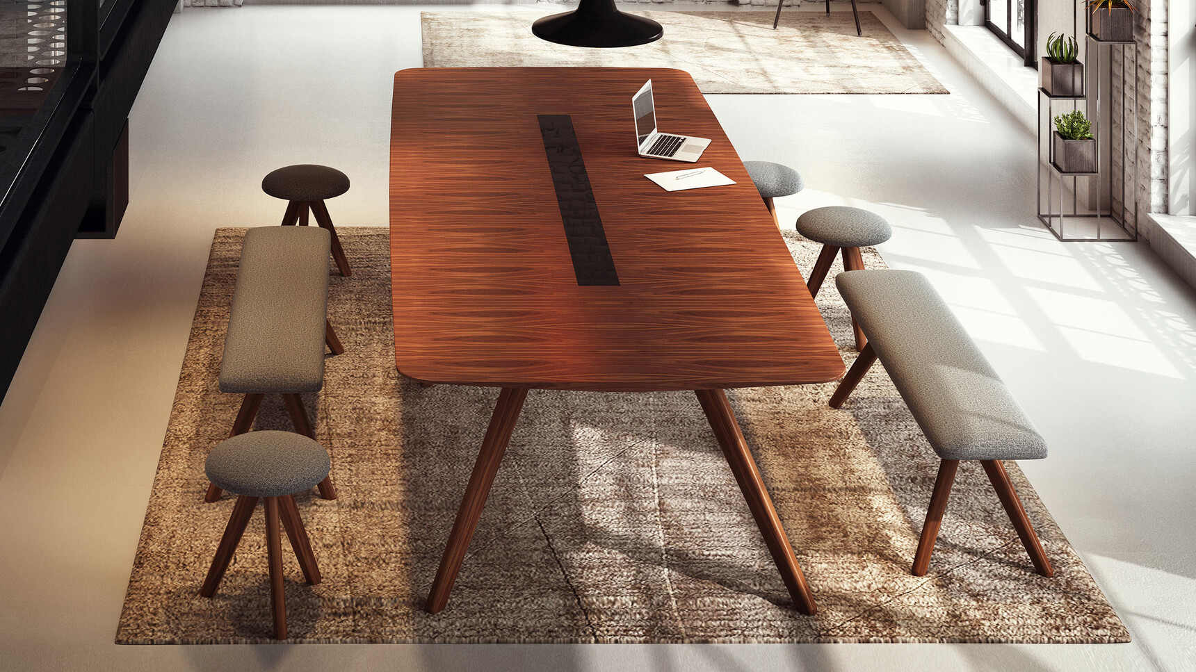 William Hands Vantage Conference Table Veneer Top With Benches And Stools In Breakout Area