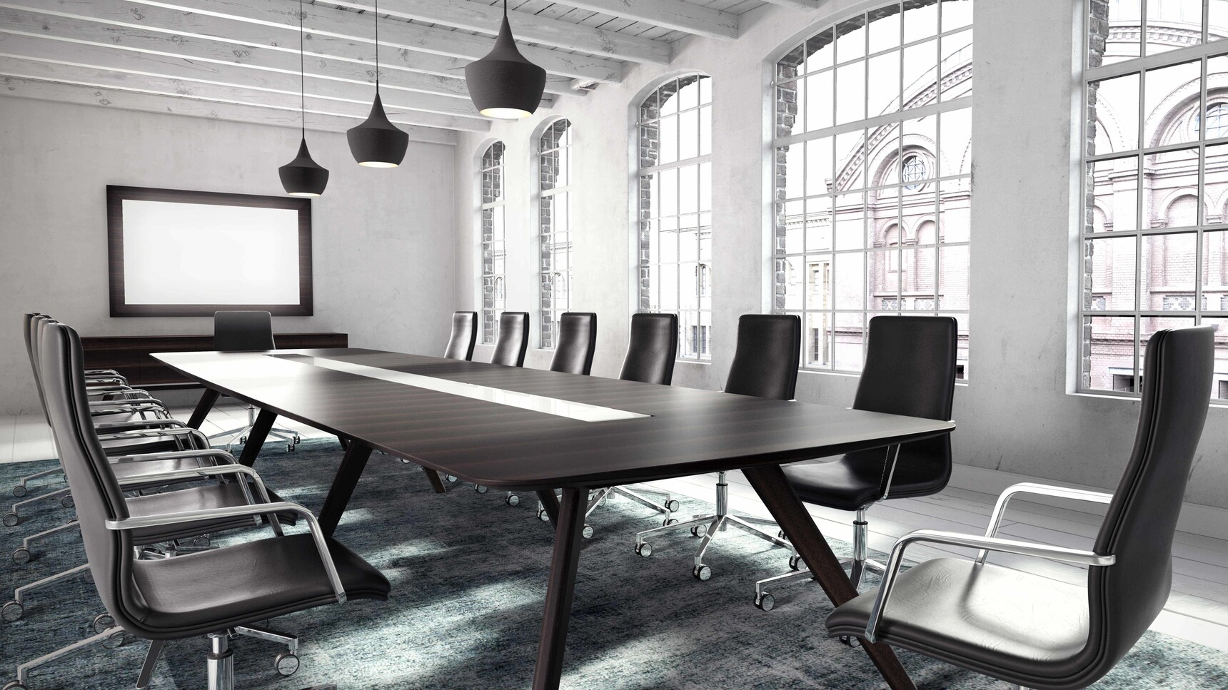 William Hands Vantage Conference Table Dark Top With Leather Chairs At Table In Office Setting
