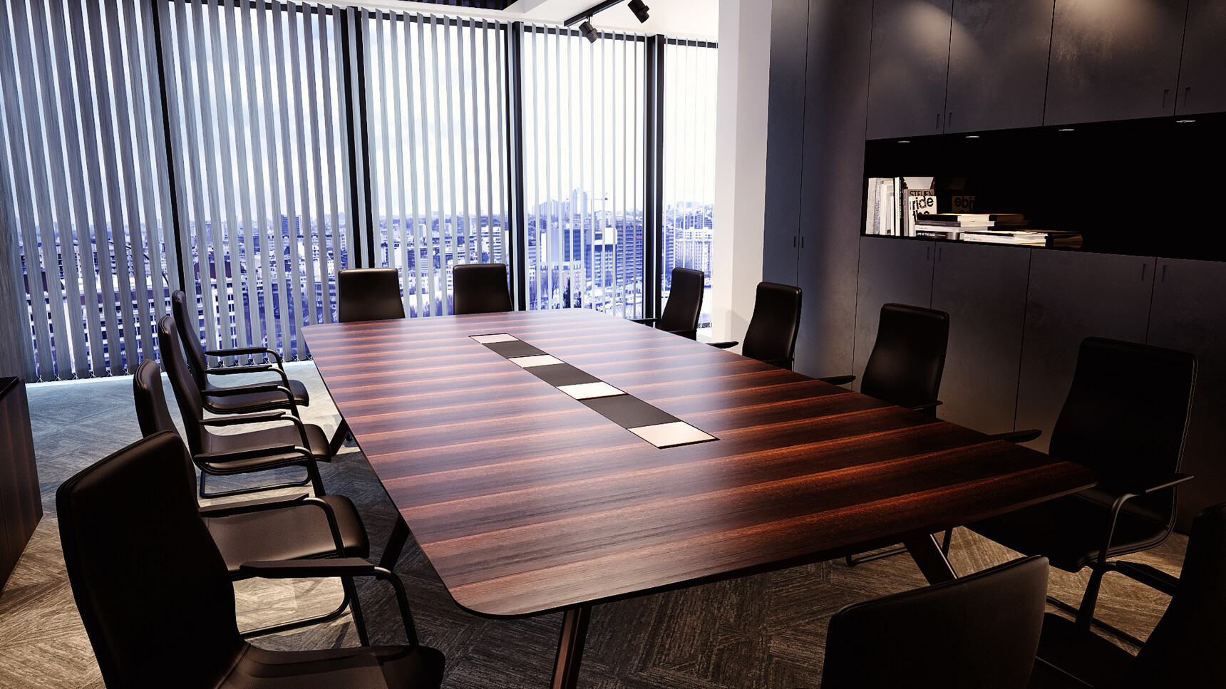 William Hands Vantage Conference Table With Dark Veneer Finish In Conference Room With Chairs In Black Leather
