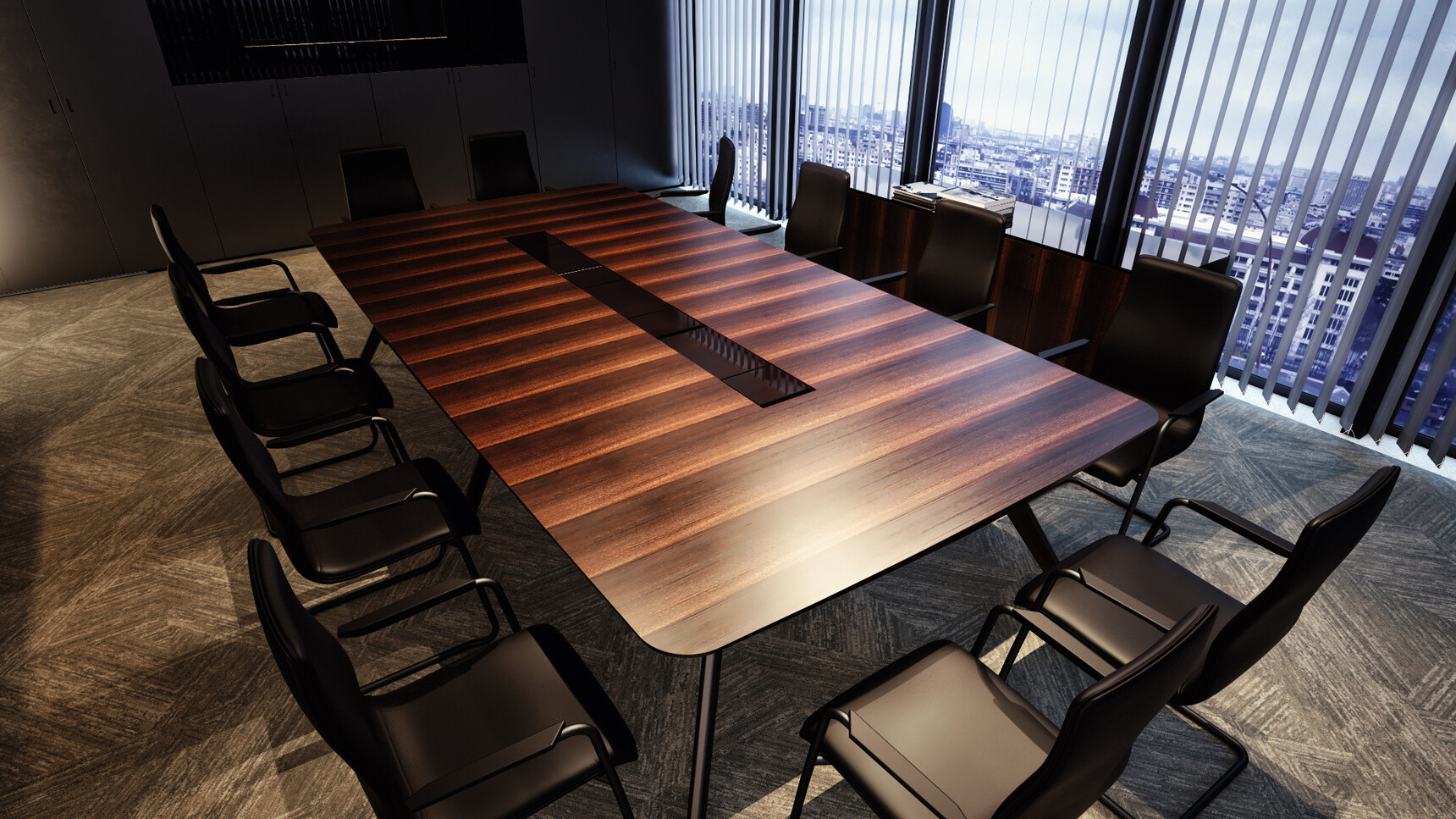 William Hands Vantage Conference Table With Dark Veneer Finish In Conference Room With Chairs