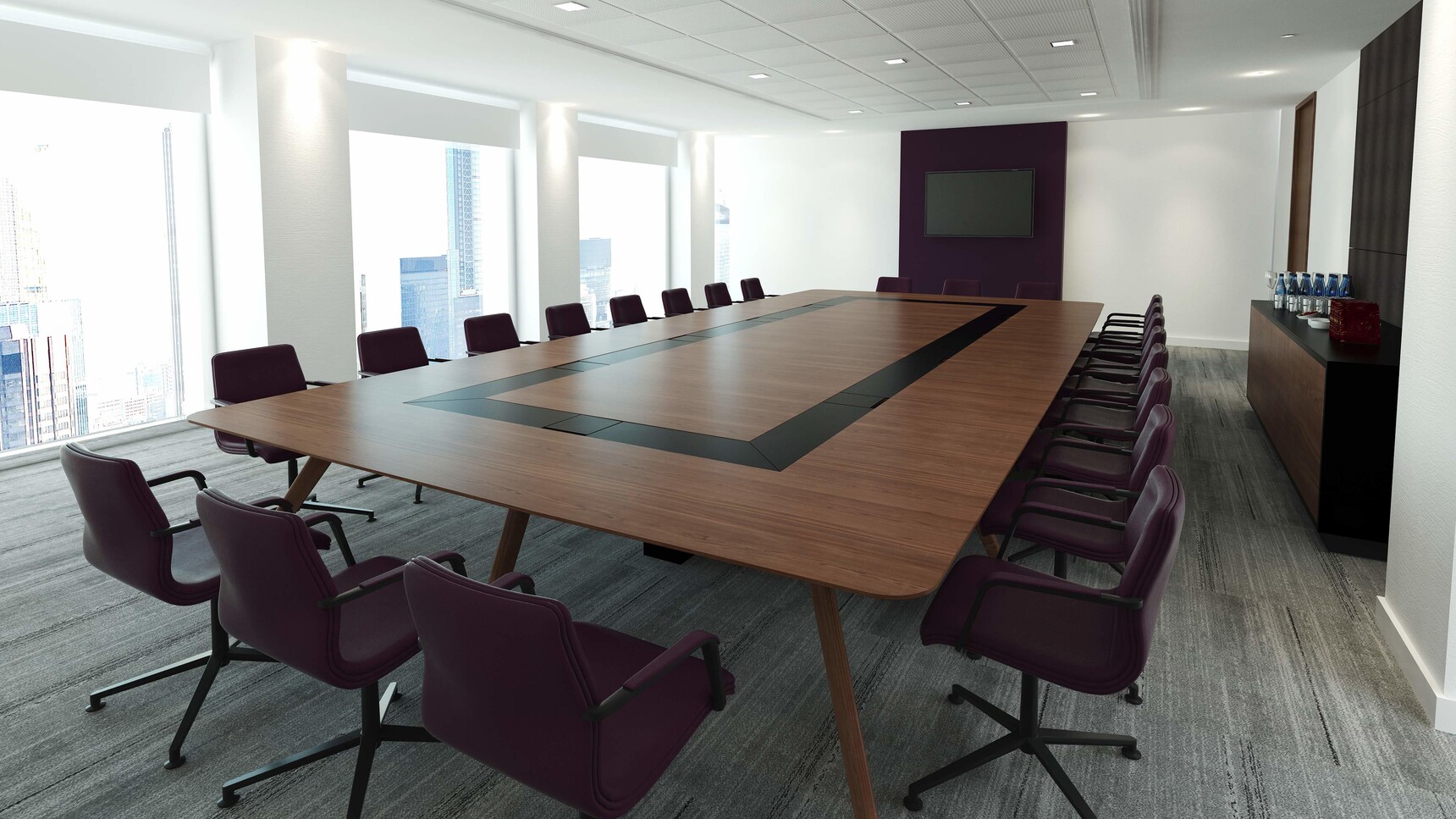 William Hands Vantage Conference Table In Dark Veneer Finish With Black Chairs At Table In Conference Room