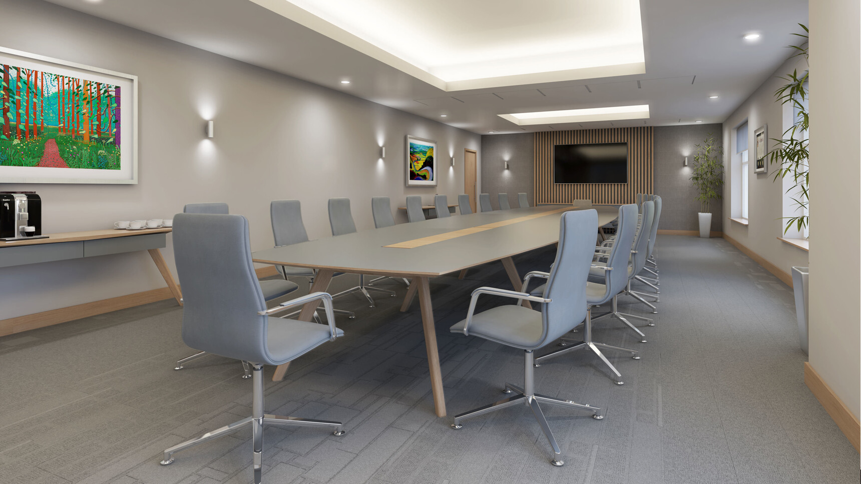 William Hands Vantage Conference Table With Grey Top With Leather Chairs In Conference Room