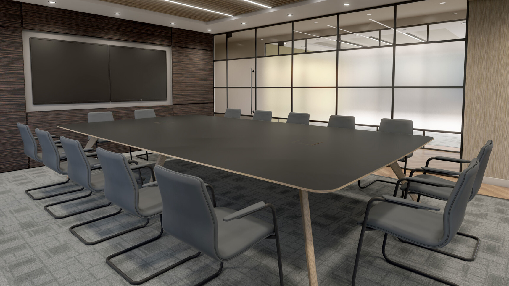William Hands Vantage Conference Table With Black Top Wood Legs With Cantilever Chairs In Conference Room