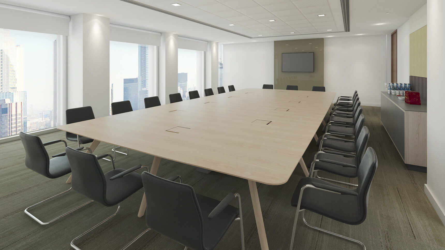 William Hands Vantage Conference Table Light Wood Finish And Black Leather Cantilever Chairs In Conference Room