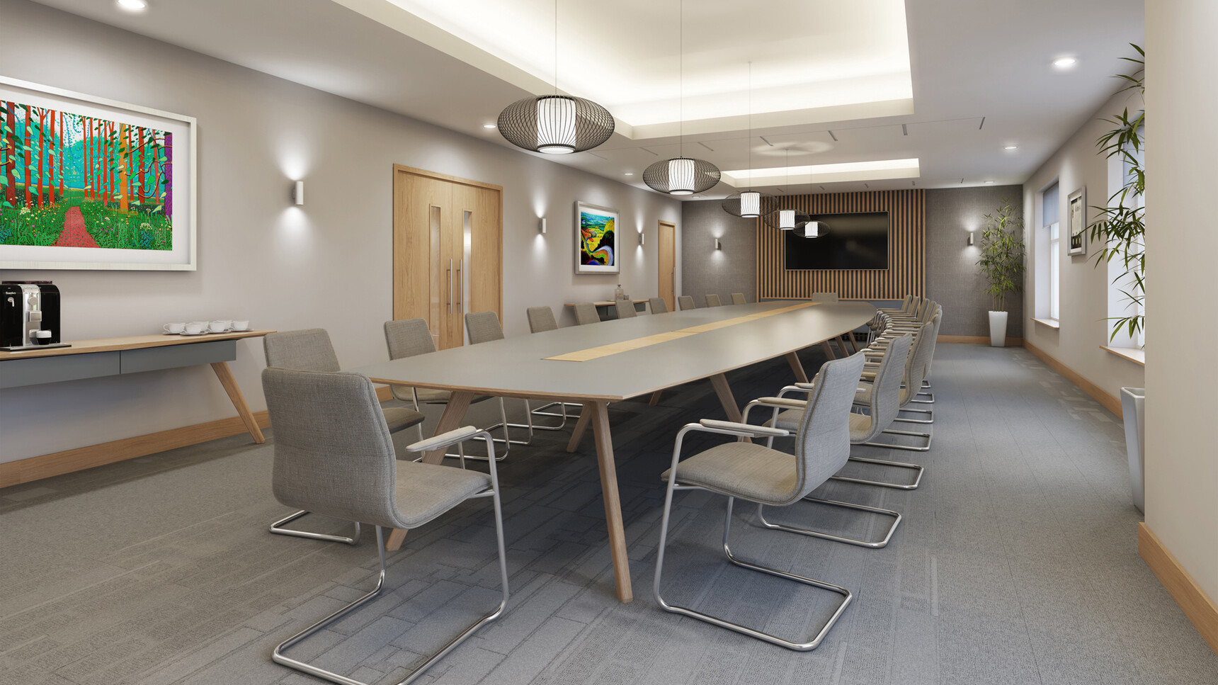 William Hands Vantage Conference Table With Grey Top With Light Grey Chairs At Table