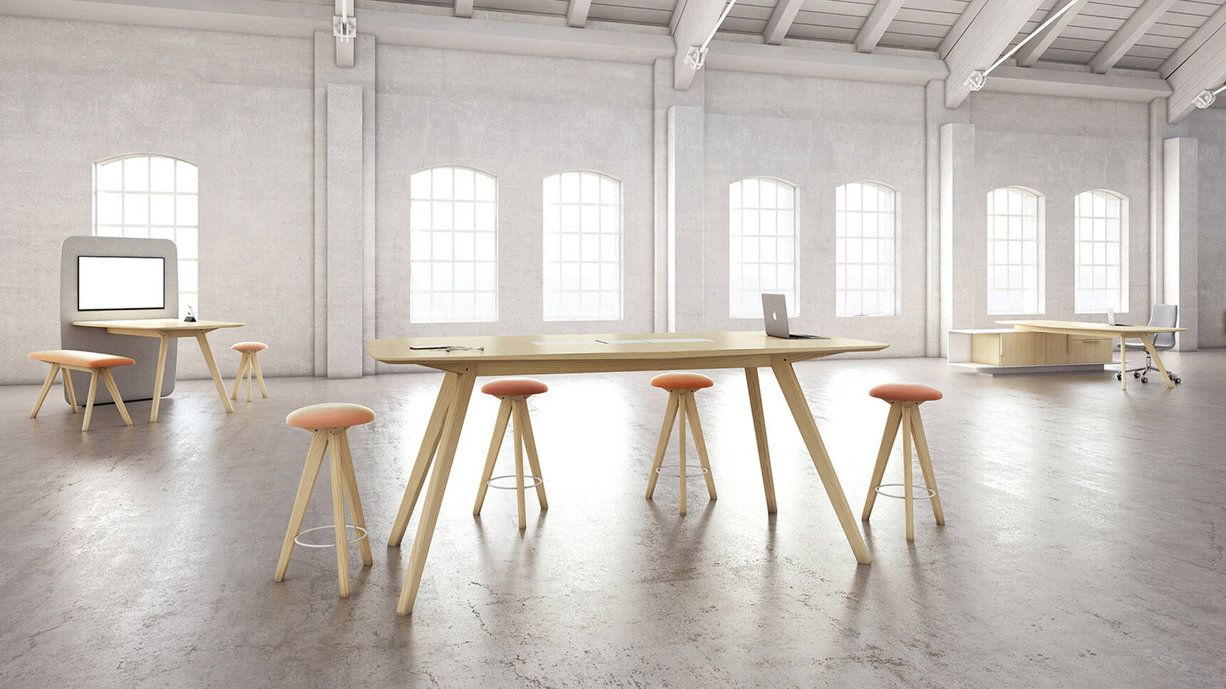 William Hands Vantage Media Hub And Poseur Height Tables In Office Setting