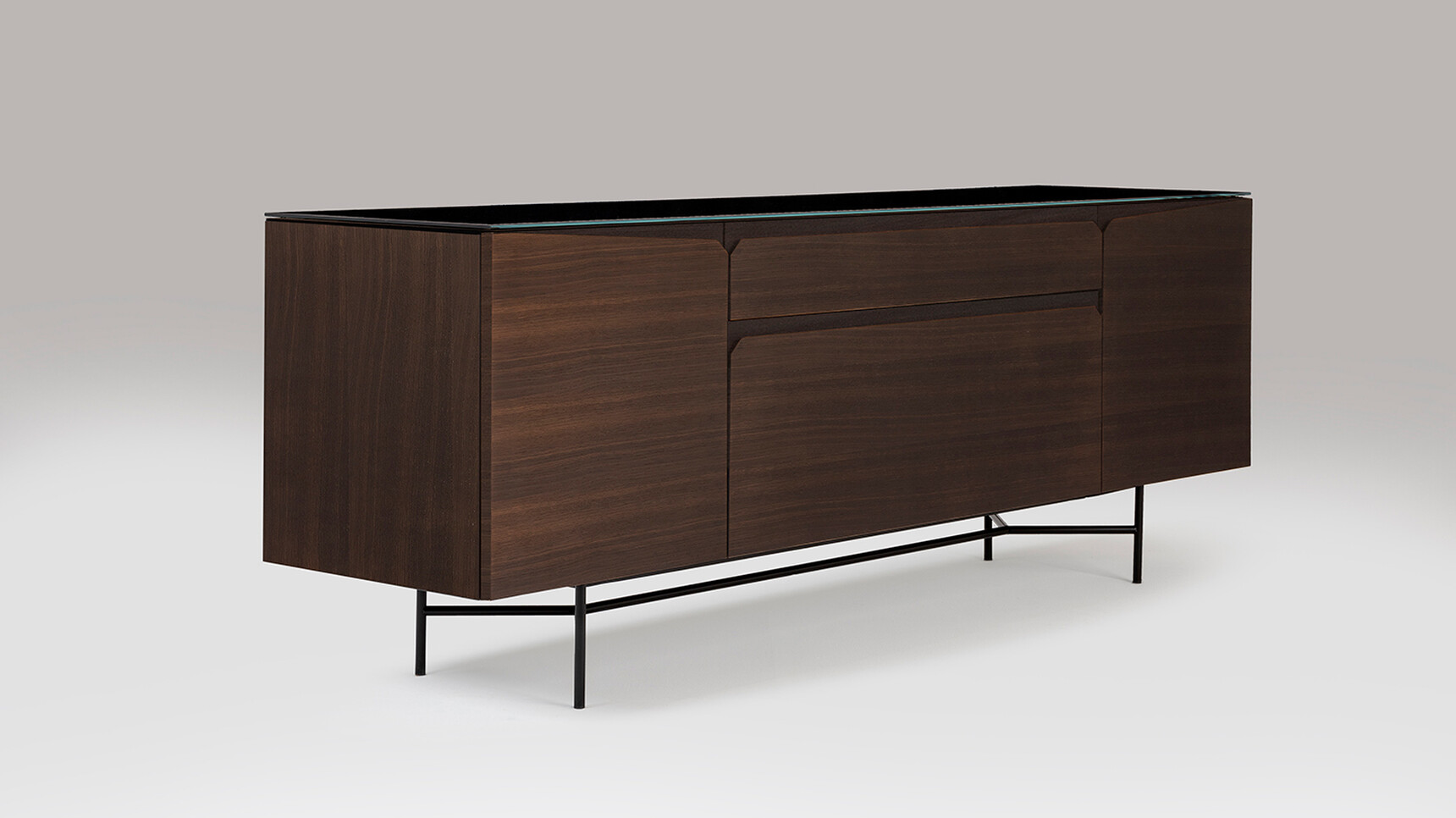 William Hands Vantage Credenza With One File & One Personal Drawer Metal Leg Frame Glass Top Black Base Family Image