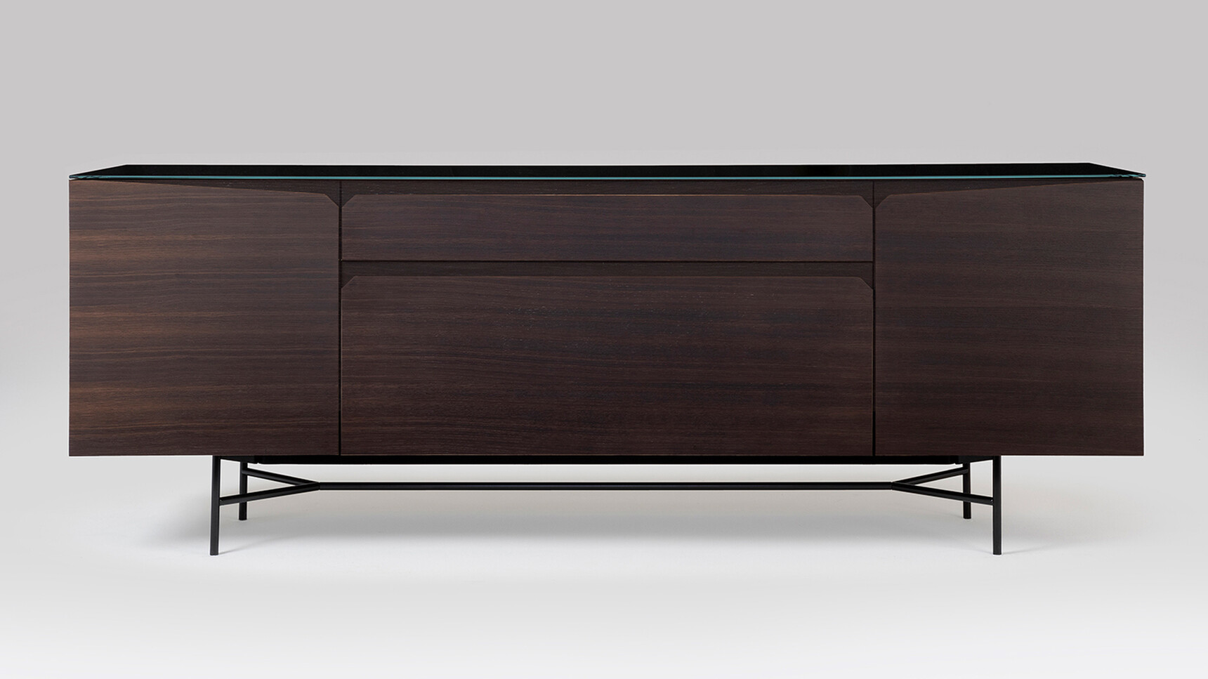 William Hands Vantage Credenza With One File & One Personal Drawer Metal Leg Frame Glass Top Black Base Front Angle Family Image