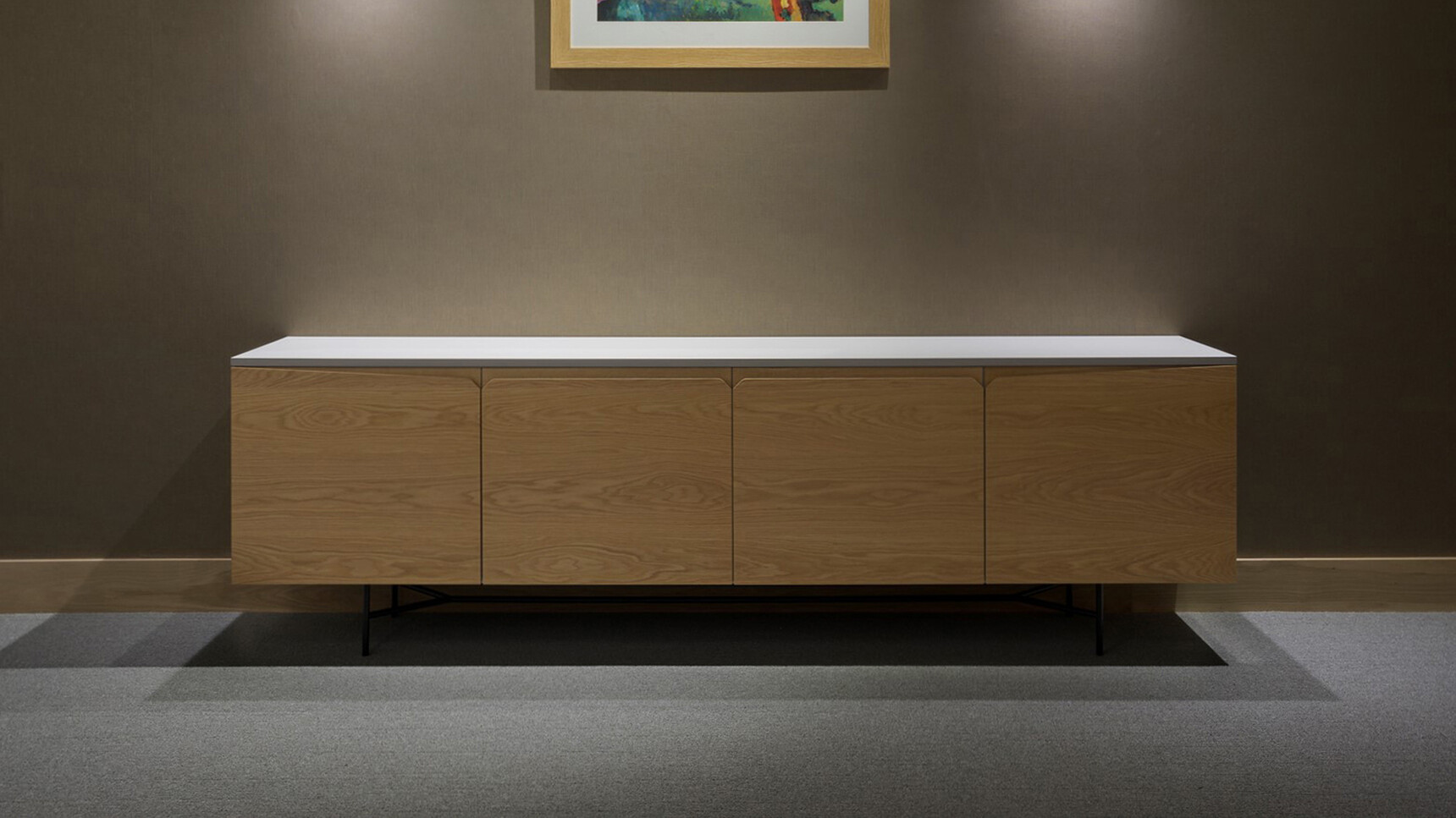 William Hands Vantage Credenza With White Top Wood Doors Metal Frame In Office Environment