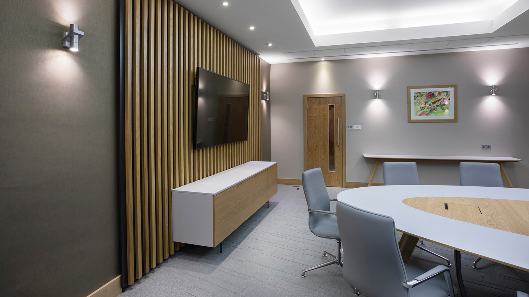 William Hands Vantage Credenza With White Top And Wood Doors In Office Setting