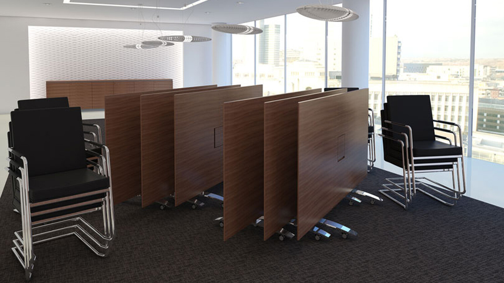 William Hands Transcend Flip Top Conference Tables Flipped Up And Chairs Stacked In Conference Room