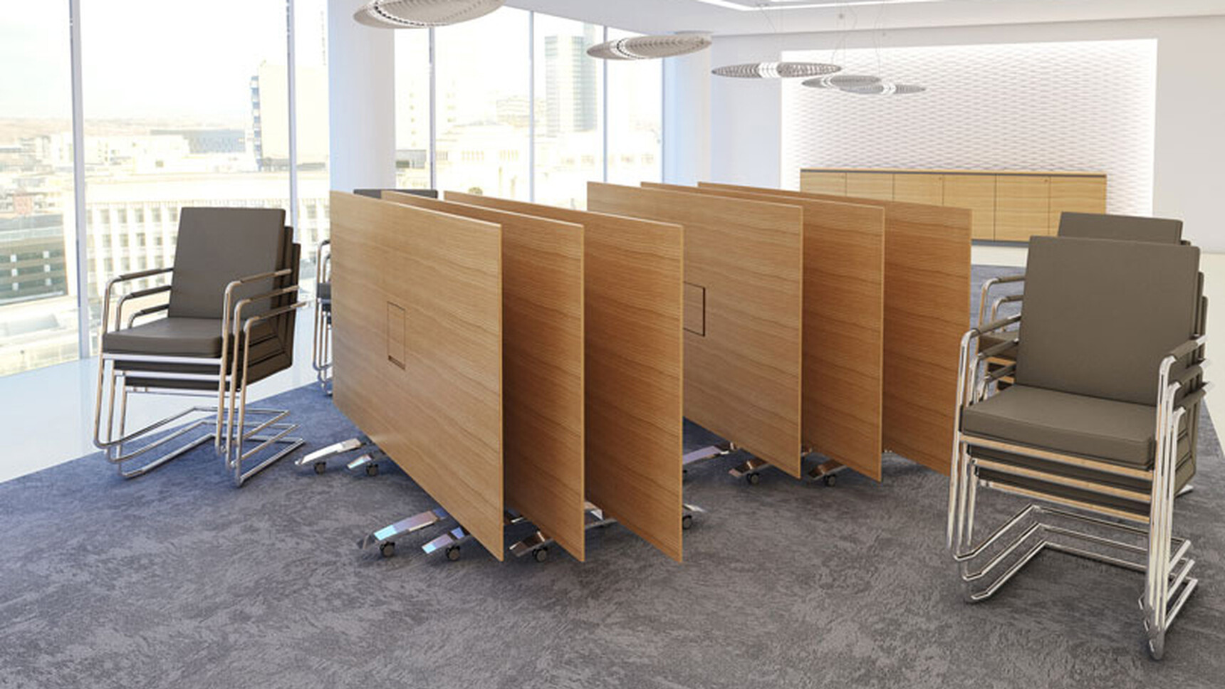 William Hands Transcend Flip Top Conference Table Light Wood Top And Stacked Chairs In Conference Room