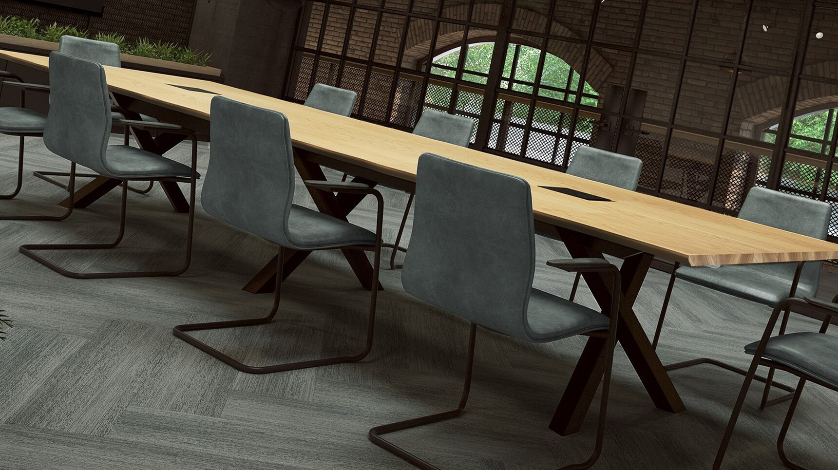 William Hands Arborex Bench Desk Light Wood Top Detail Image With Chairs At Desk