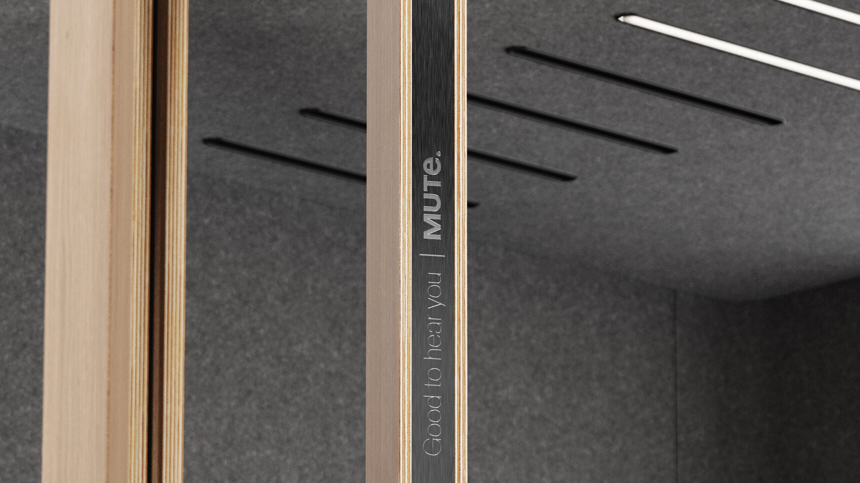 Mute Space L Meeting Pod Detail Image Of The Door Showing Lettering