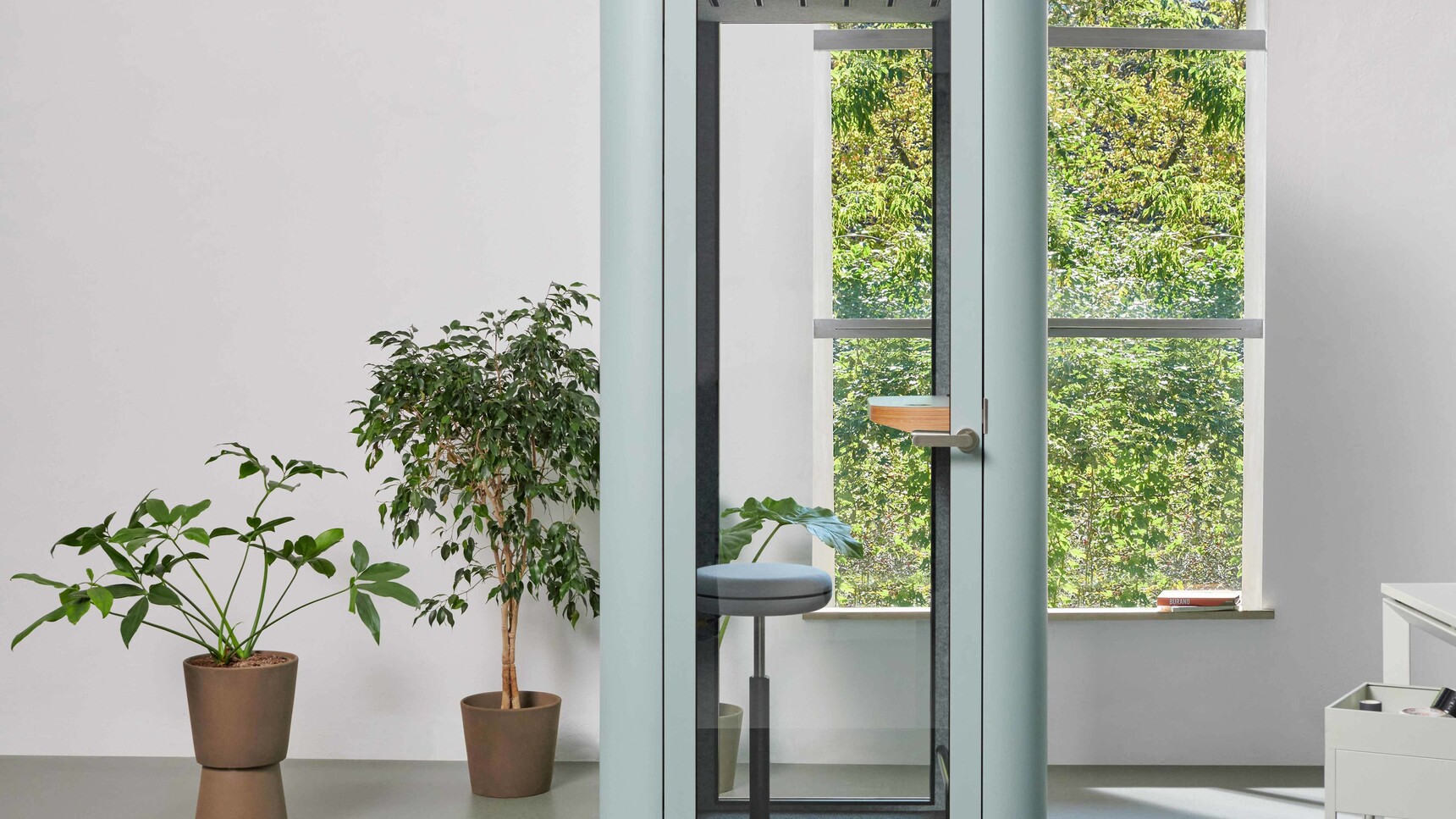 Mute Space S Video Conference Booth In Dusk Blue In Office Setting
