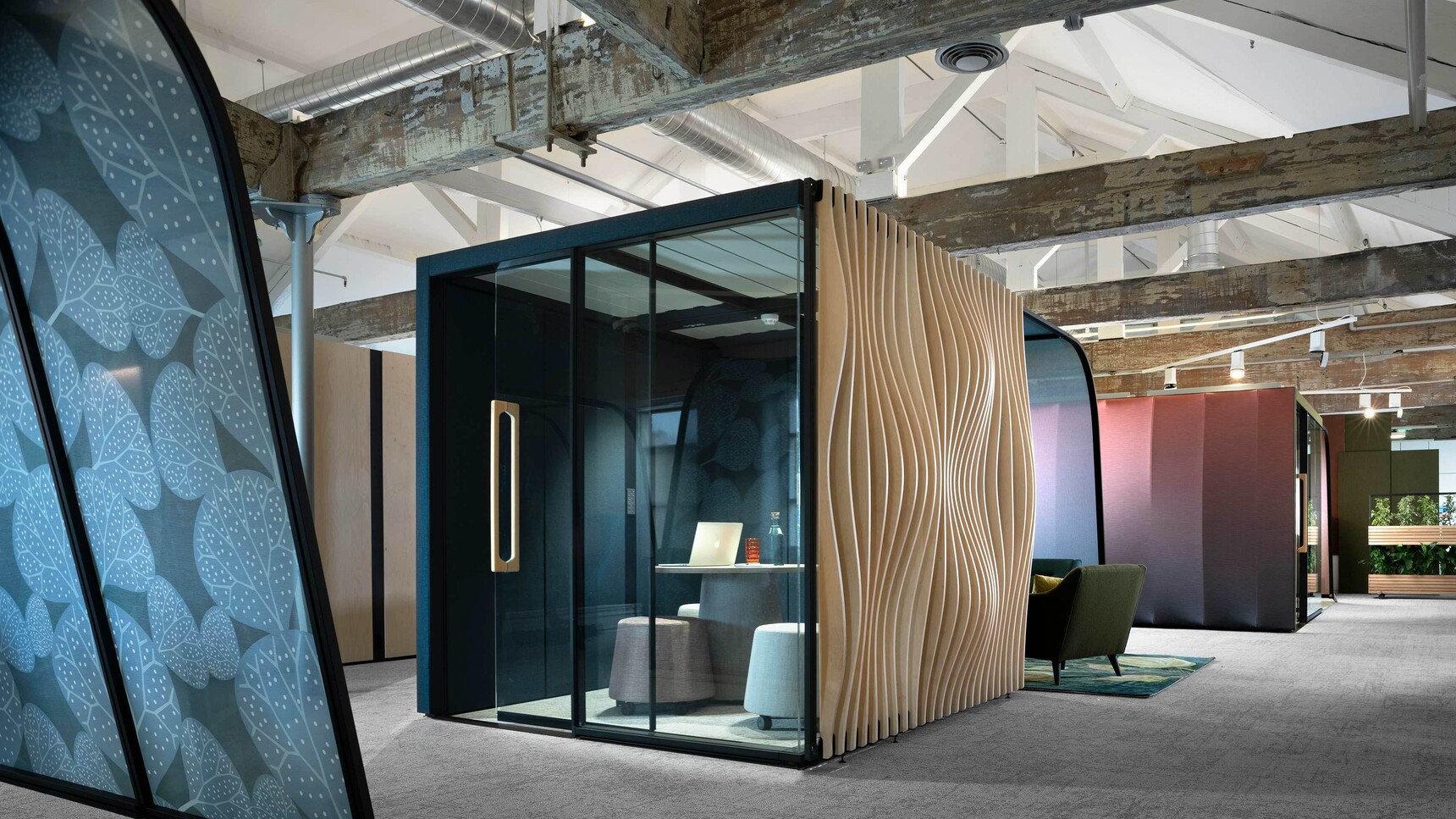 Orangebox Campers & Dens Meeting Pod With Awning And Hacking Blue Fabric In Office Setting