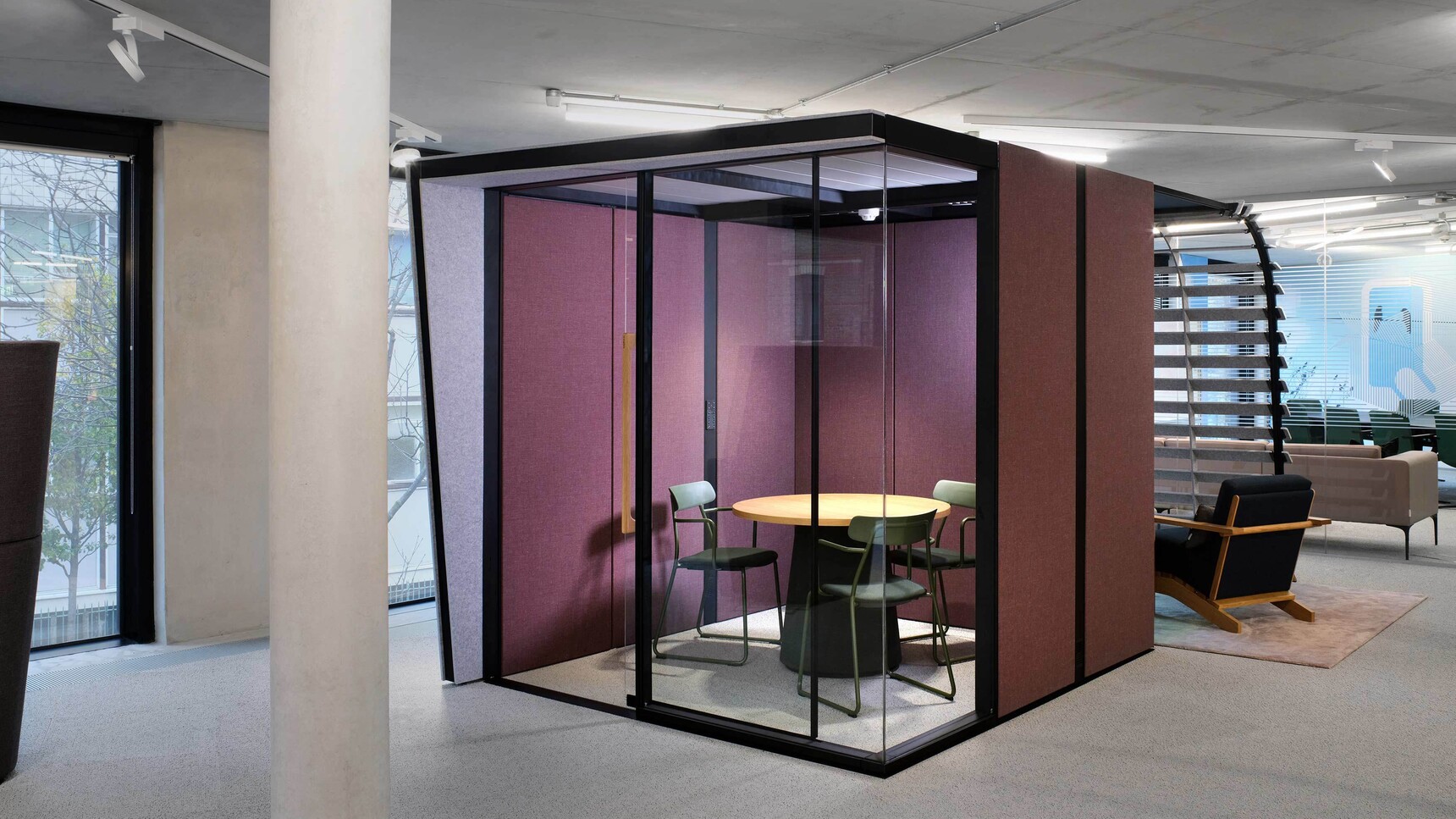 Orangebox Campers & Dens Meeting Pod With Awning In Purple Upholstery Family Image