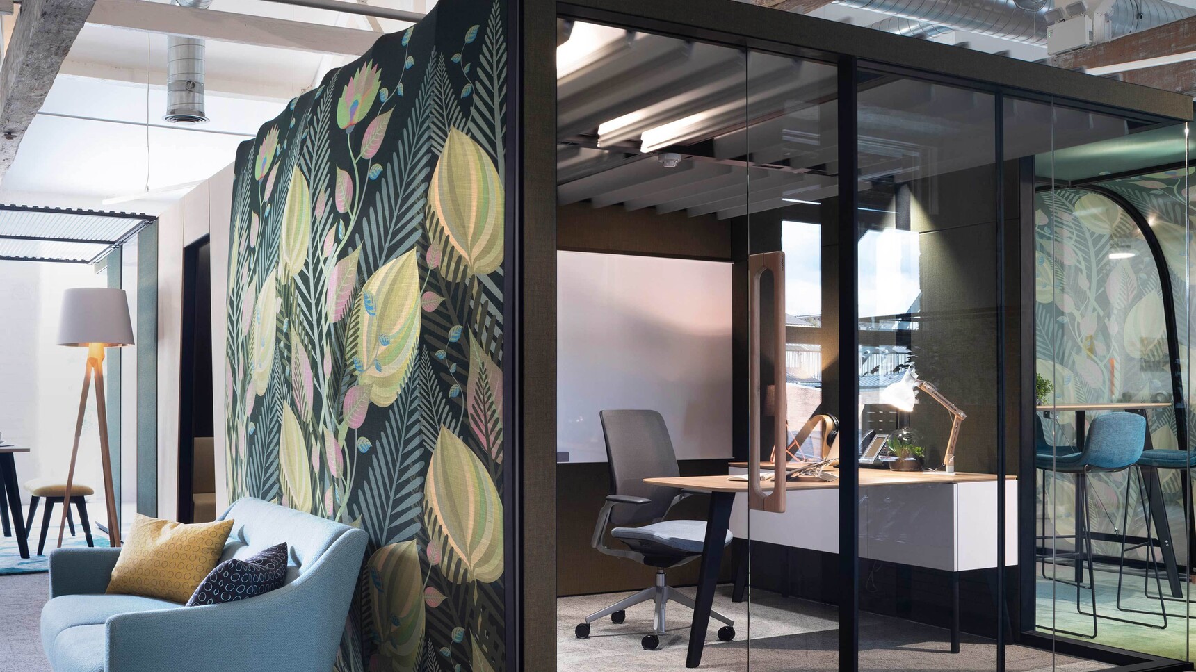 Orangebox Campers & Dens Meeting Pod With Awning With Chair And Worktable Detail Image In Office Setting