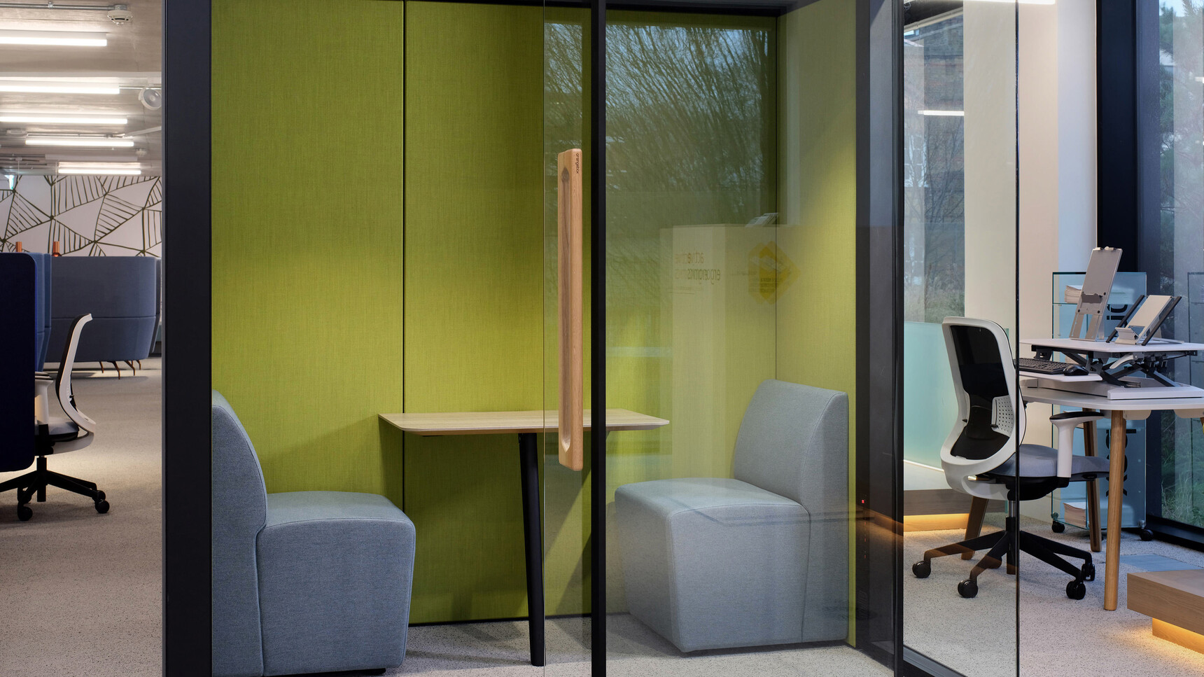 Orangebox Campers & Dens Meeting Pod Light Green Fabric Detail Image With Table And Chairs