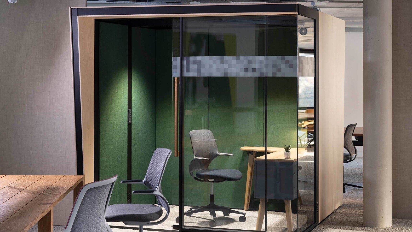 Orangebox Campers & Dens Meeting Pod With Kink Wood Finish In Office Setting