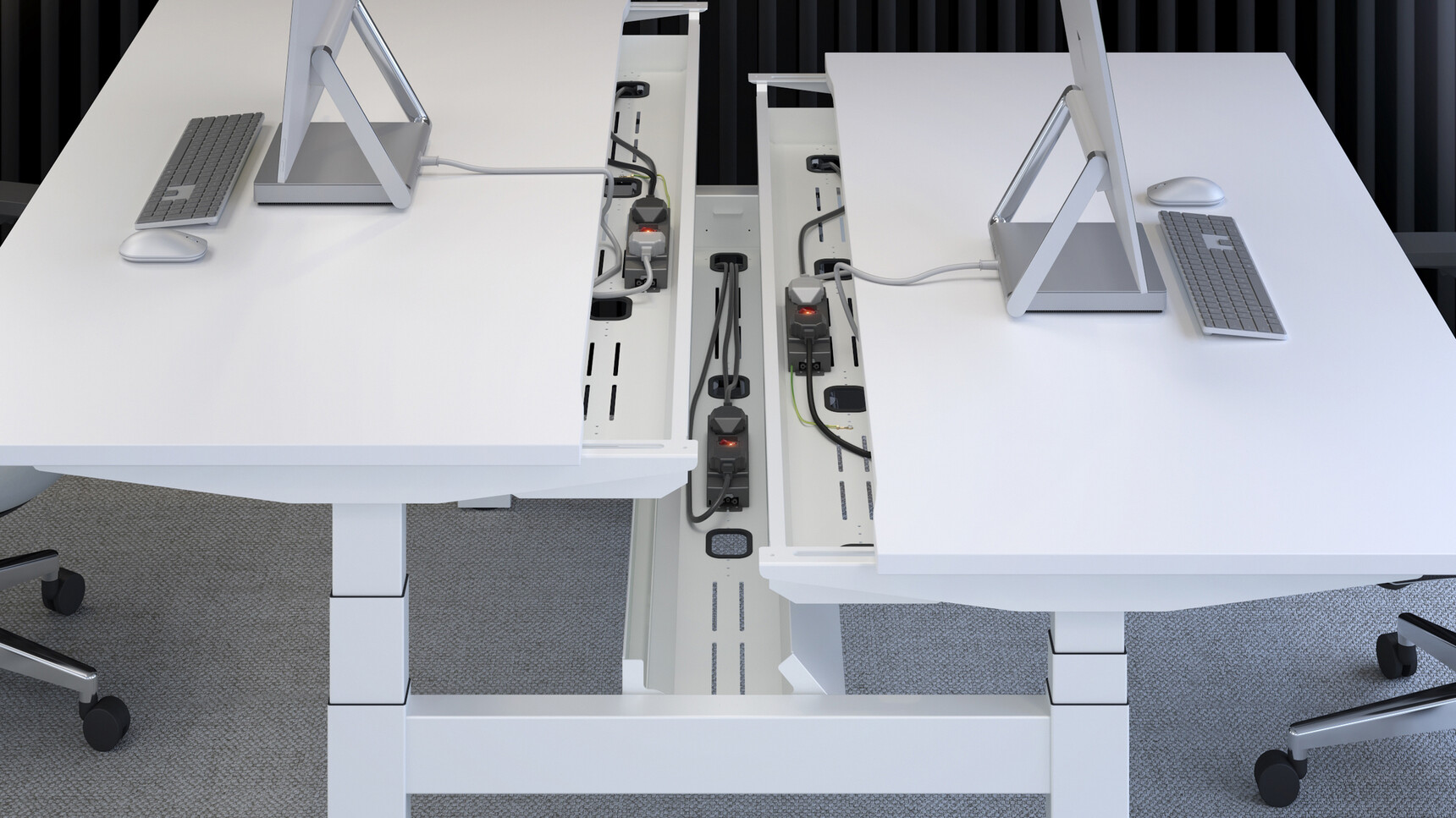 Elite Progress Plus Electric Height Adjustable Bench Desk With White Table Top And Leg Finish Close Up Showing Three Cable Trays