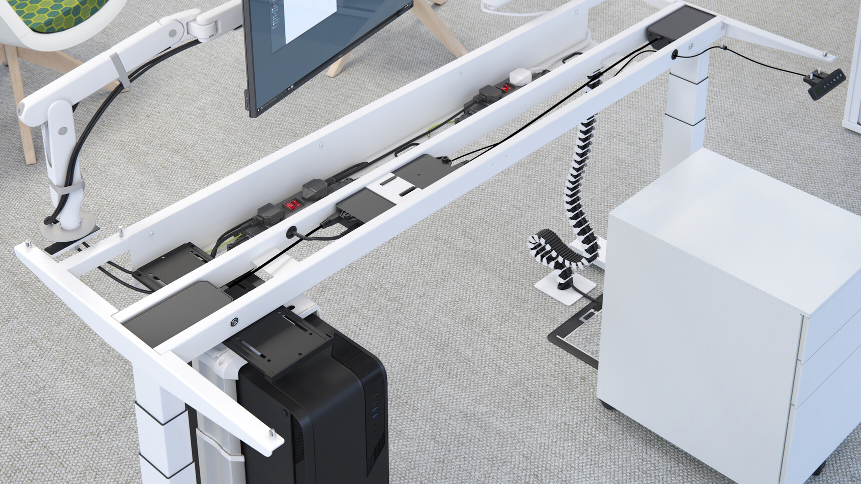 Elite Progress Plus Electric Height Adjustable Desk With White Metal Legs Showing Cable Tray And Three Standard Drawer Mobile Pedestal On Castors With White Finish