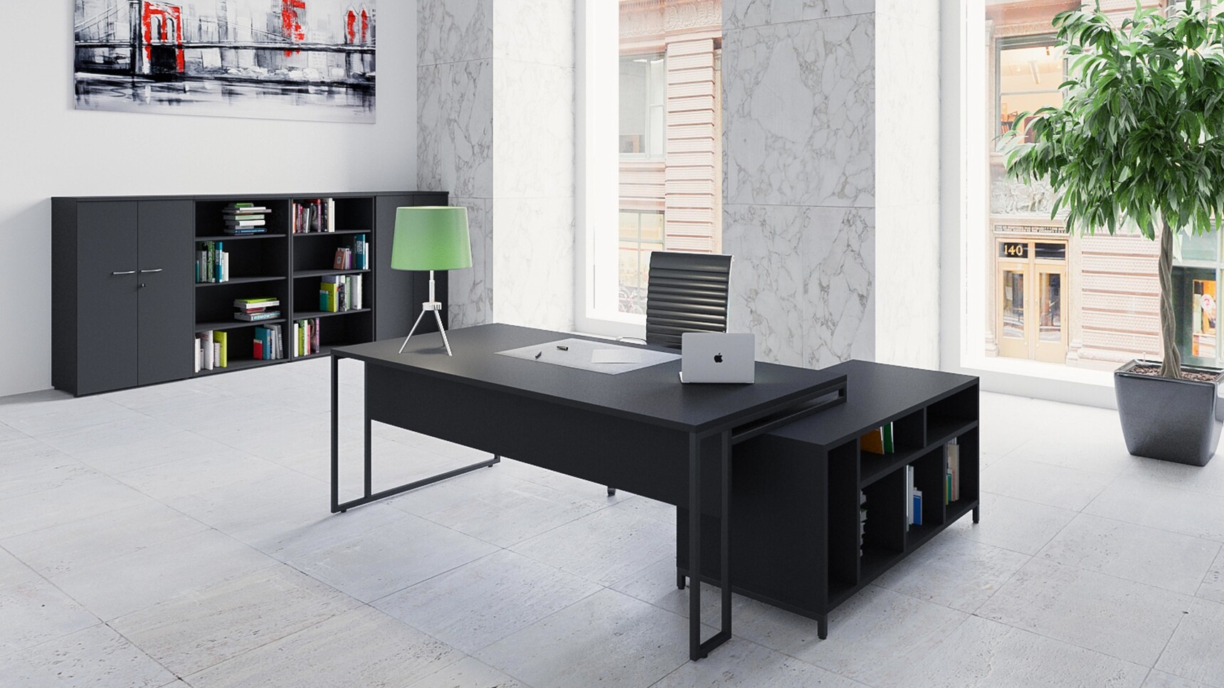 Buronomic Stricto L-shaped Executive Desk With Storage Unit In Office Setting