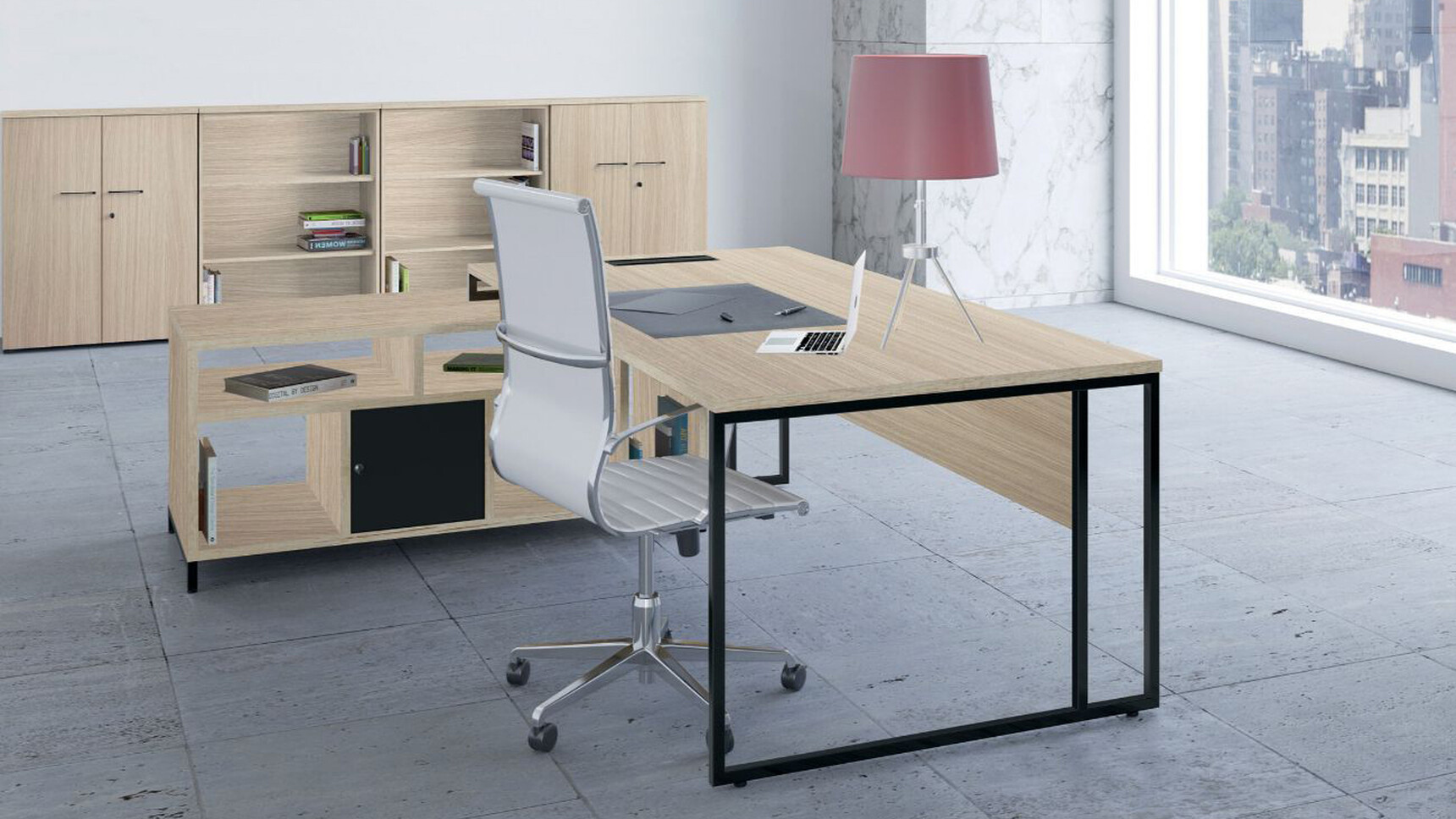 Buronomic Stricto L-shaped Executive Desk With Storage Unit Wood Finish In Office Setting