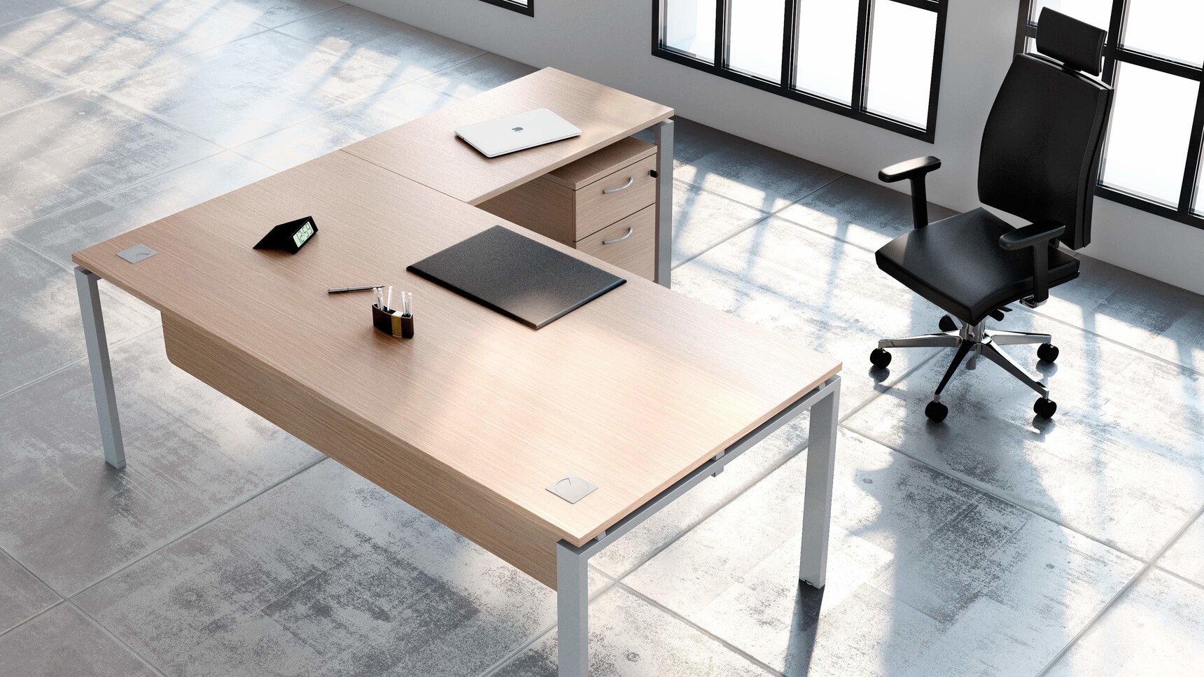 Buronomic Astro L-shaped Executive Desk With Return Wood Finish In Office Environment