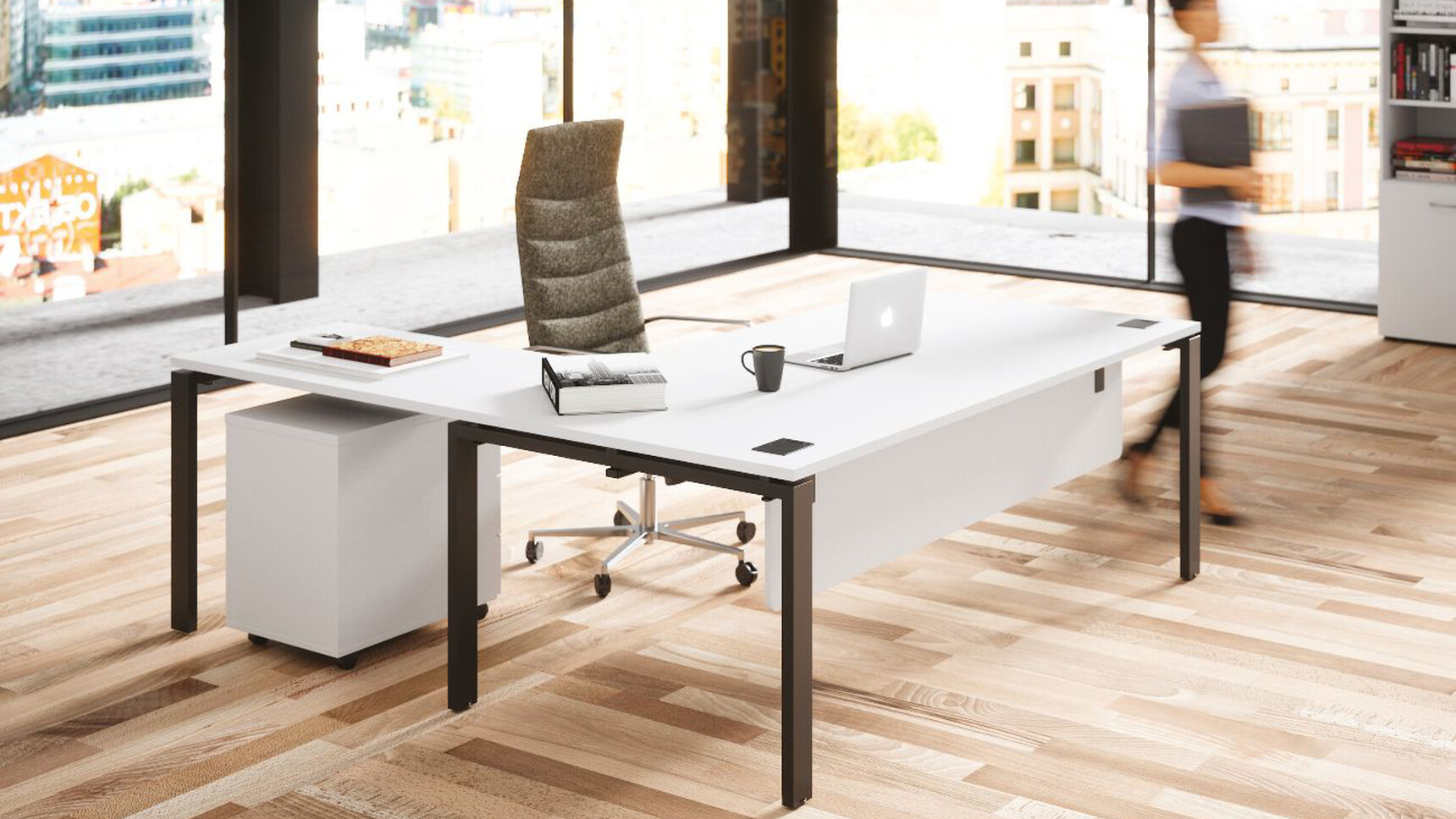 Buronomic Astro L-shaped Executive Desk With Return White Top With Chair At Desk In Office Environment