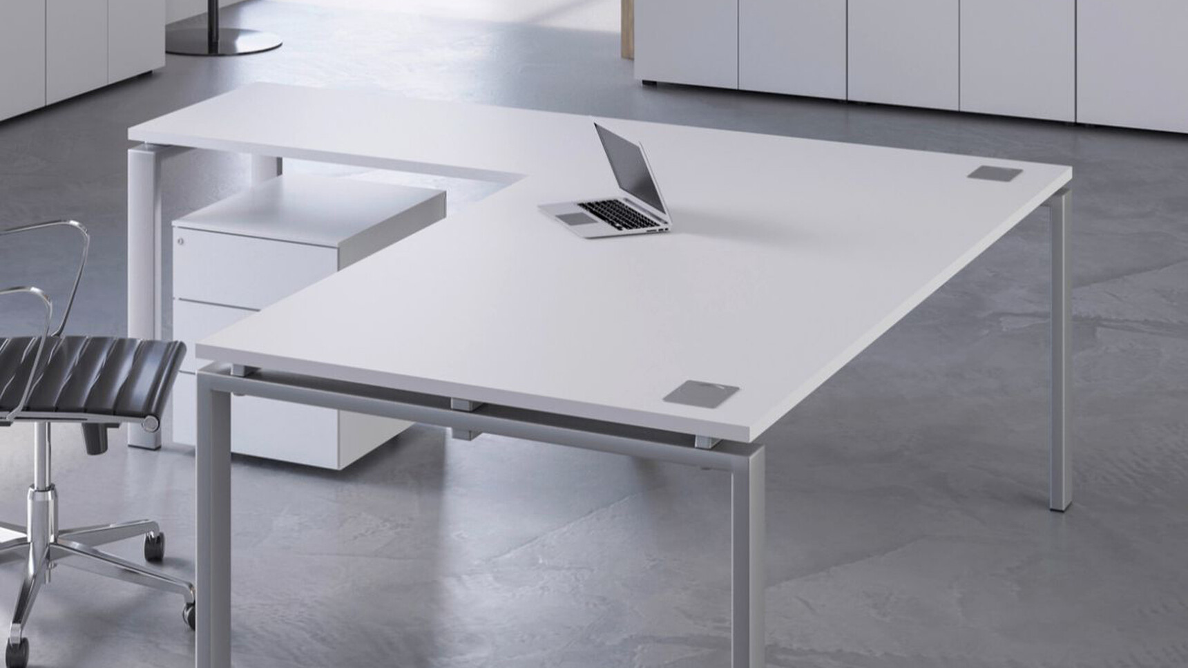 Buronomic Astro L-shaped Executive Desk With Return White Top With Chair At Desk Detail Image