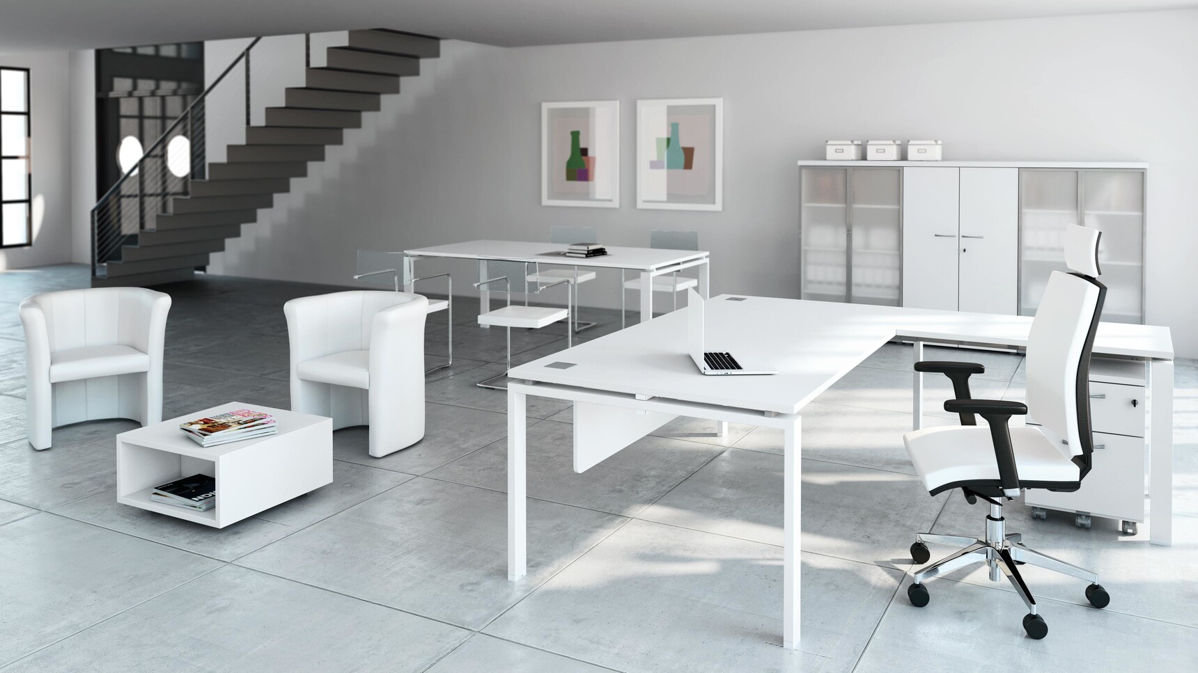 Buronomic Astro L-shaped Executive Desk With Return White Finish In Office Setting