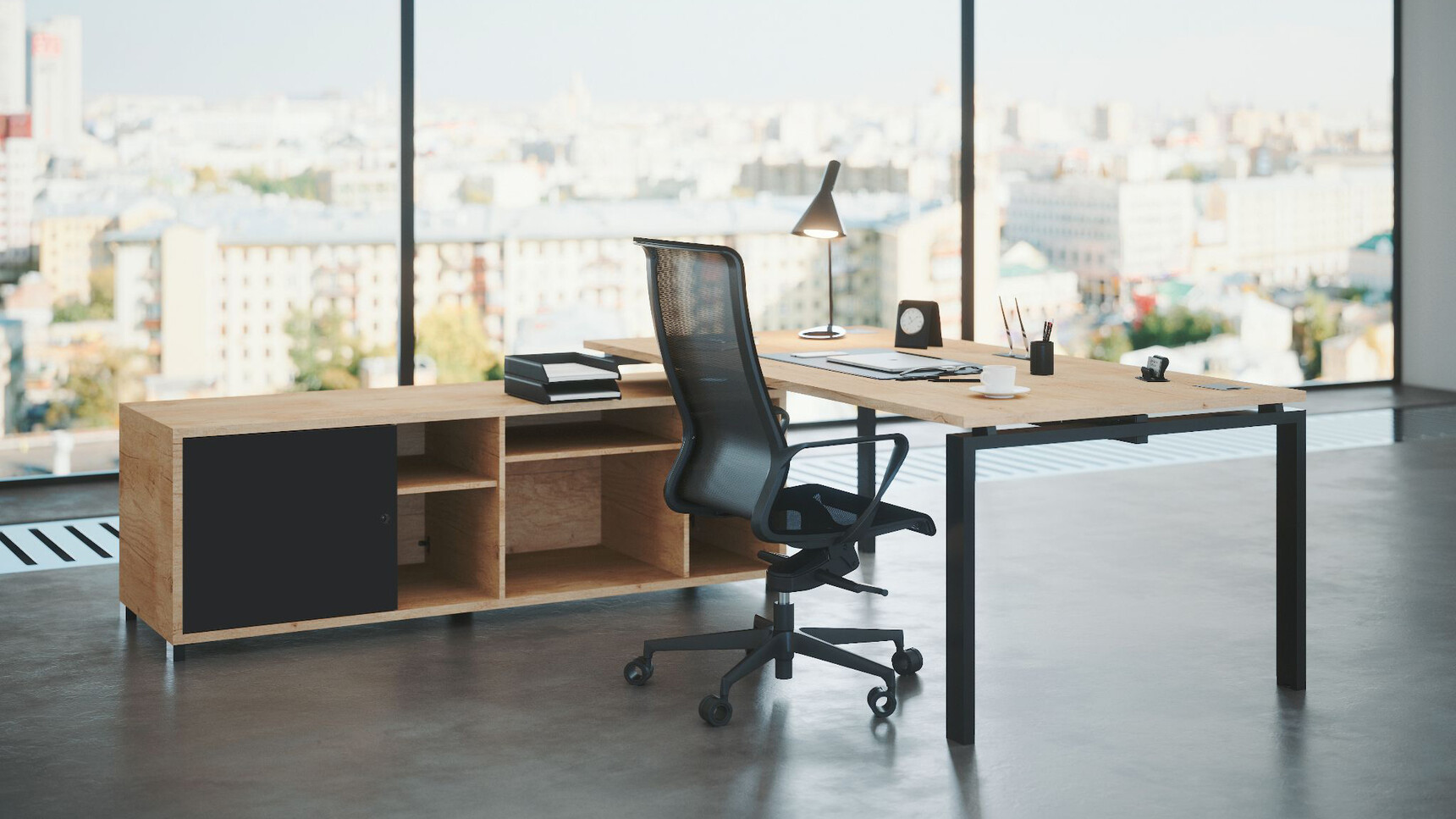 Buronomic Astro L-shaped Executive Desk With Open Storage Unit Wood Finish In Office Setting