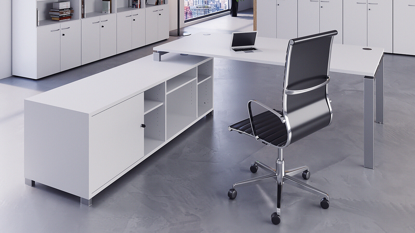 Buronomic Astro L-shaped Executive Desk With Open Storage Unit White Finish Family Image