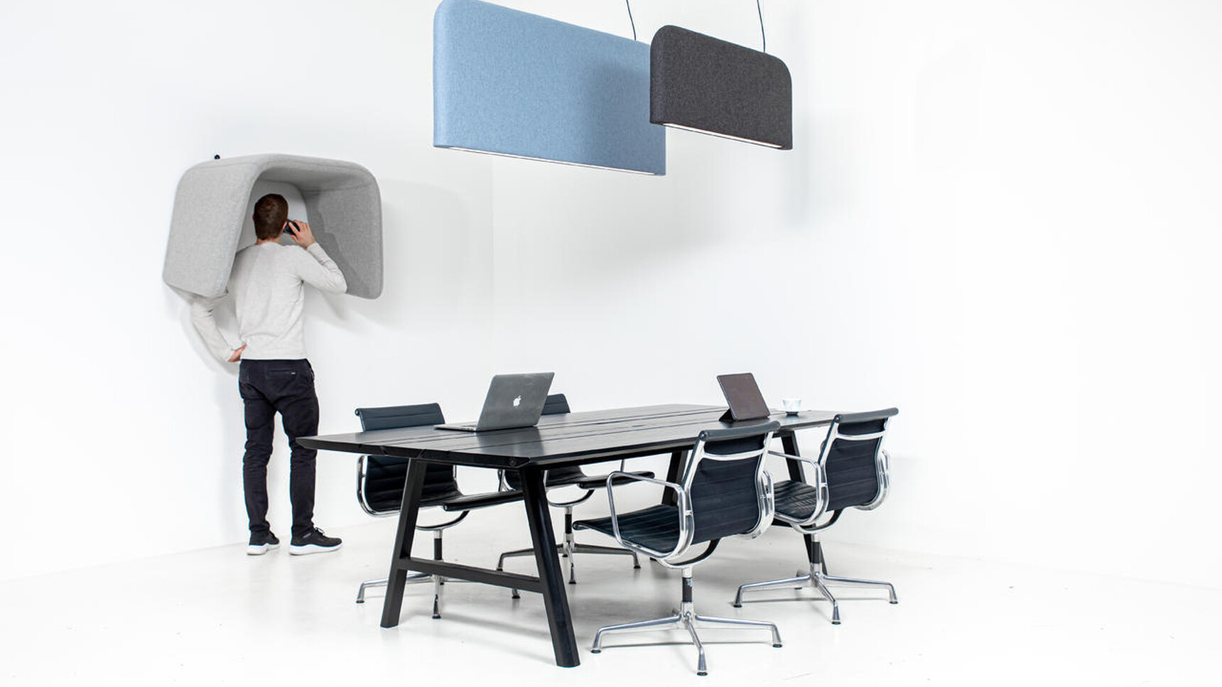 Buzzi Space BuzziCocoon Acoustic Element Grey Finish Wall Mounted In Office Setting