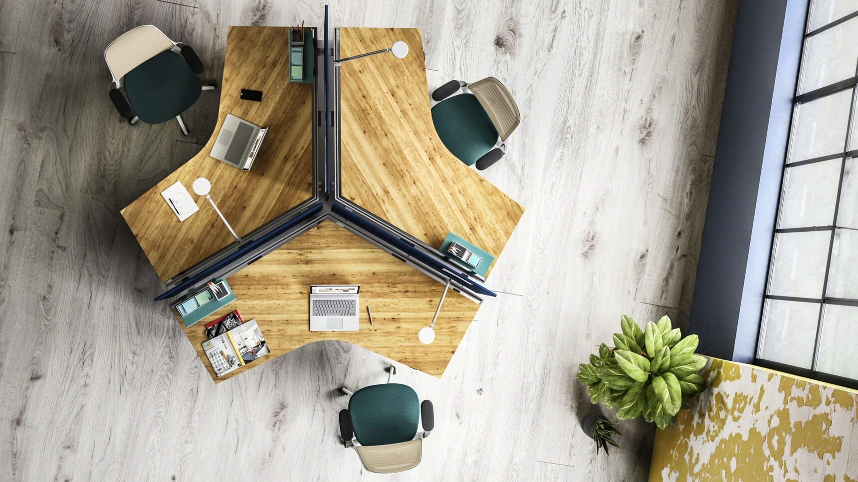 Steelcase Ology 120° Pentagon Height Adjustable Desks Overhead Image In Office Setting