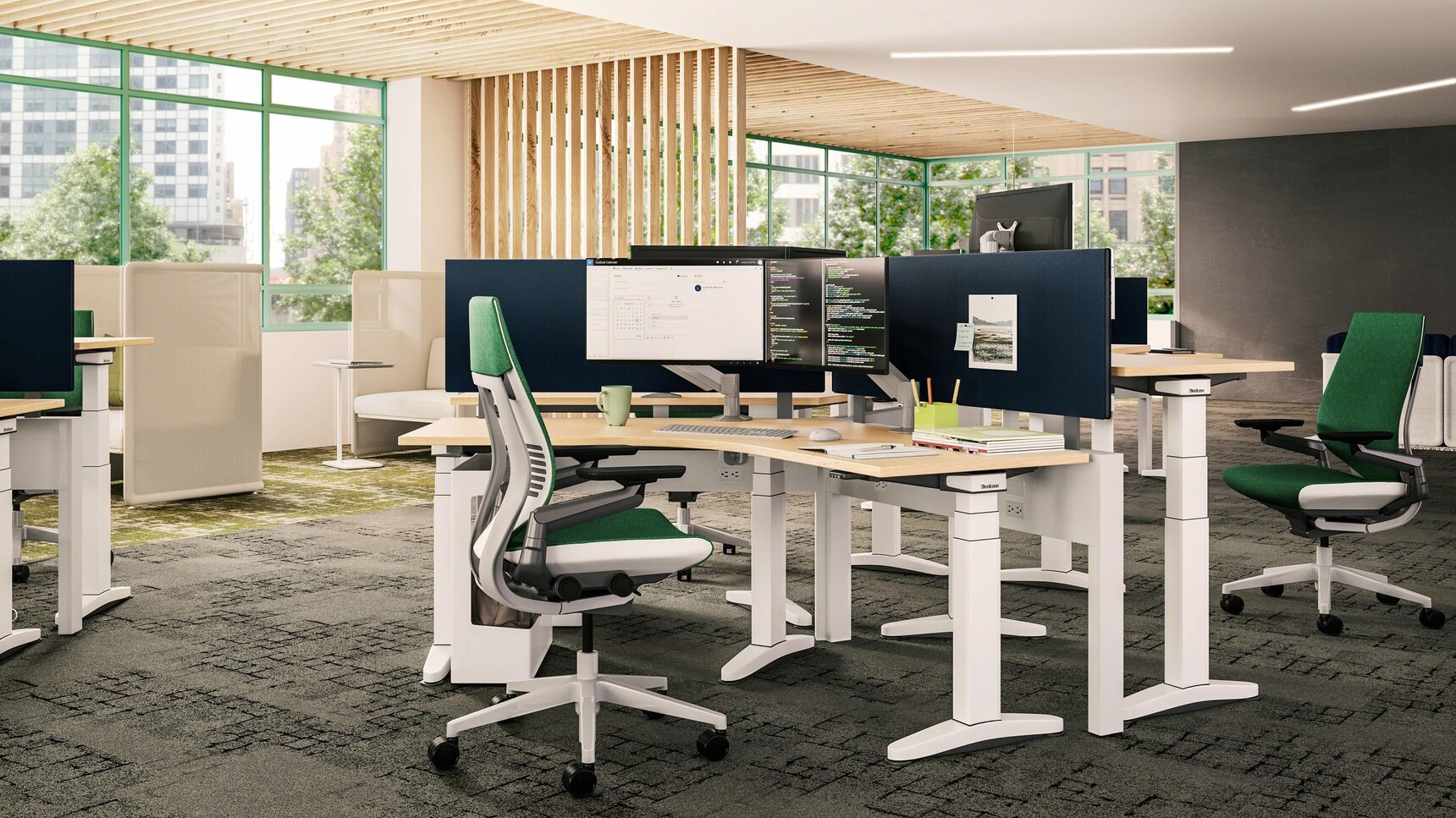 Steelcase Ology 120° Pentagon Height Adjustable Desk In Office Setting