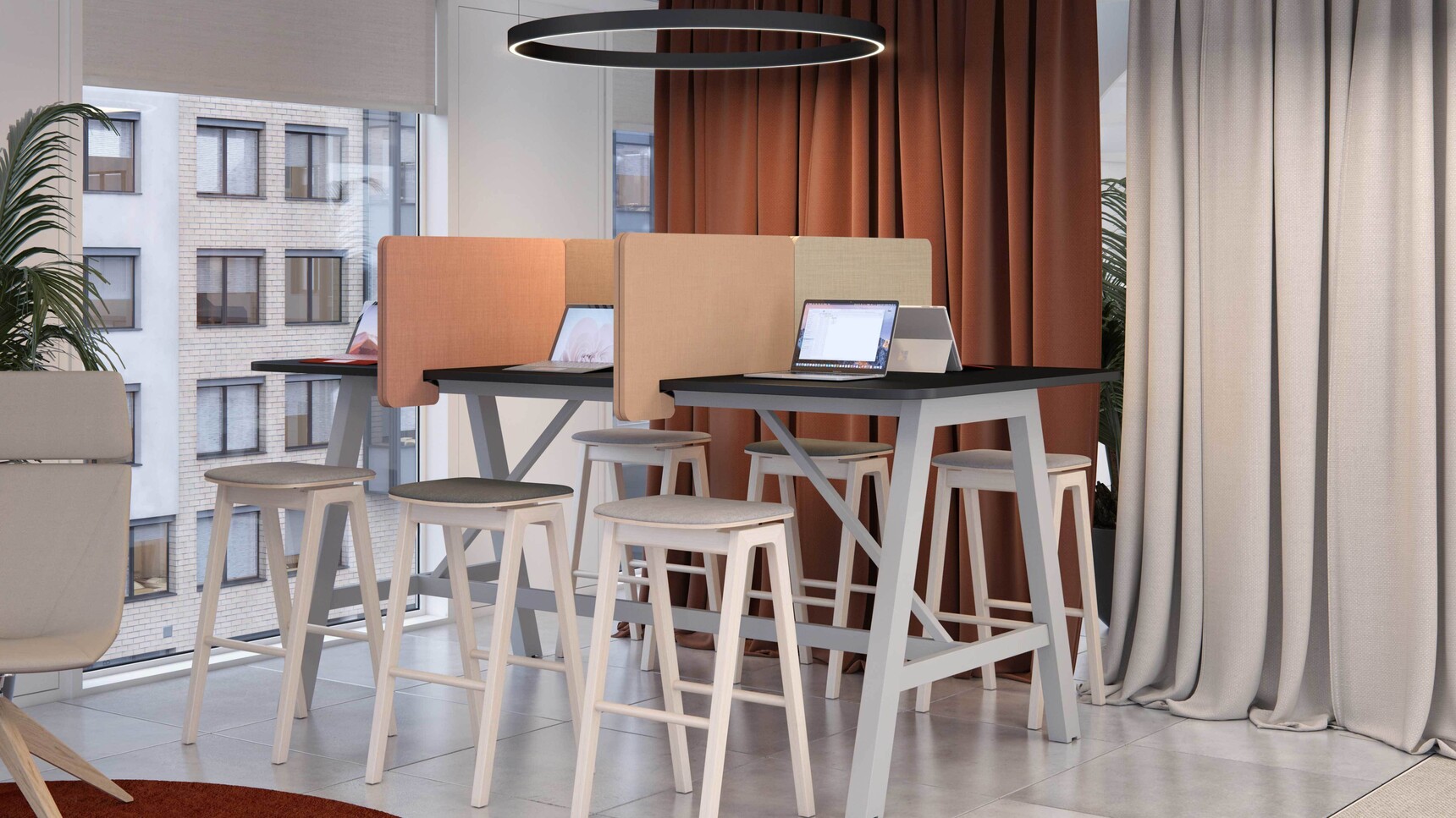 Elite Office Furniture Alto Poseur Height Table Black Top Grey Frame With Acoustic Dividers In Office Setting