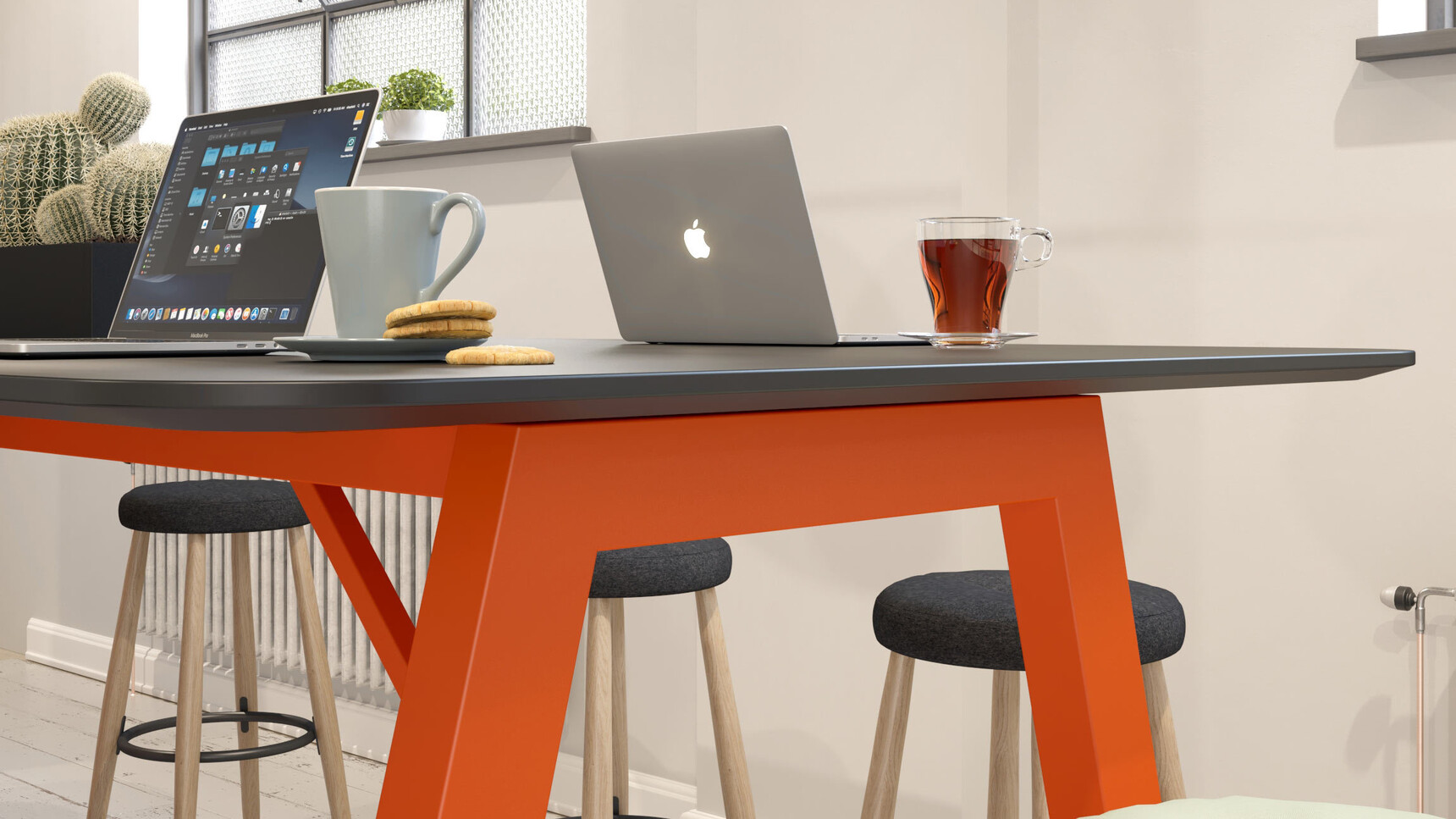 Elite Office Furniture Alto Poseur Height Table Black Top Orange Frame In Office Setting Detail Image
