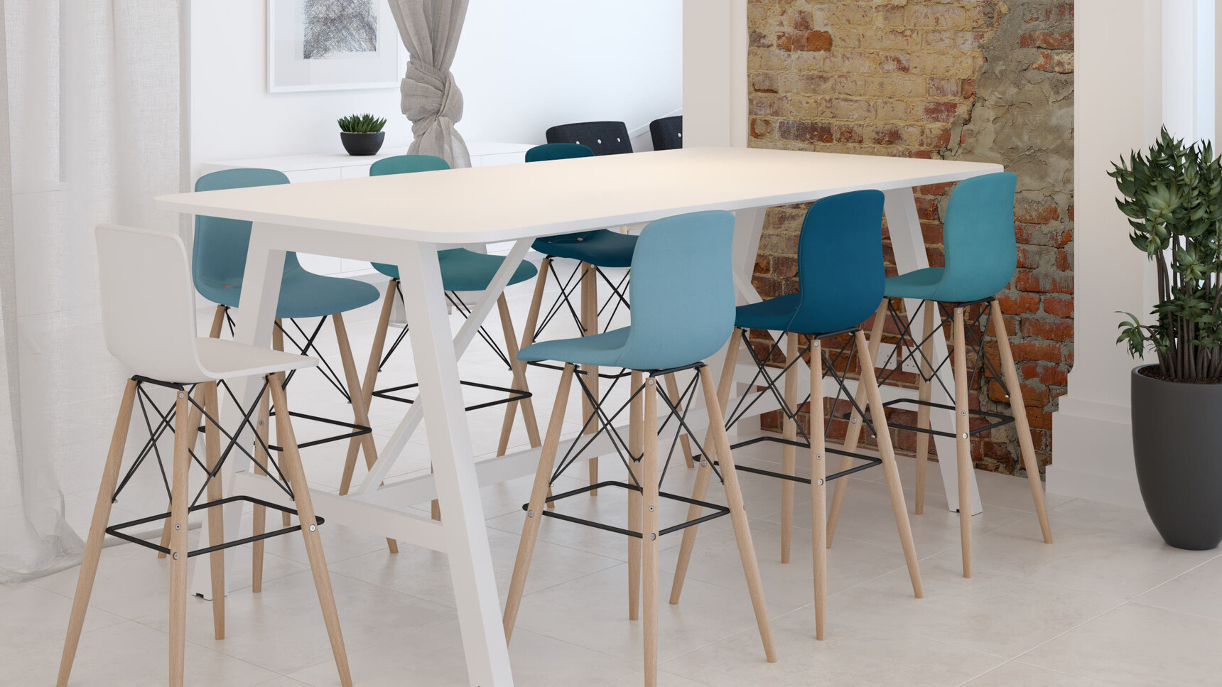 Elite Office Furniture Alto Poseur Height Table White Finish With Stools At Table